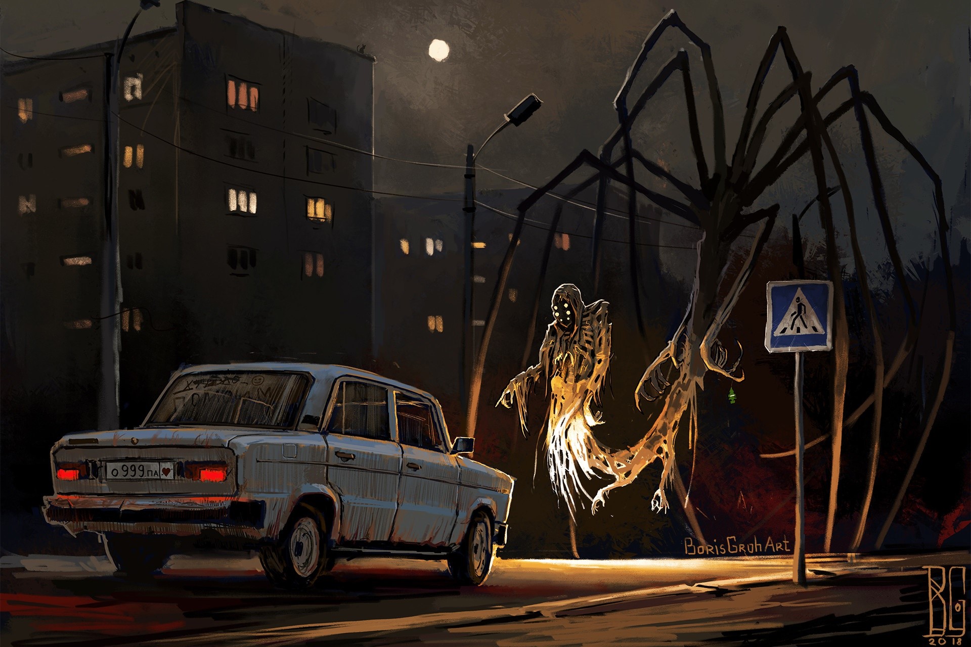 Creature encounter with LADA car by Boris Groh HD Wallpaper