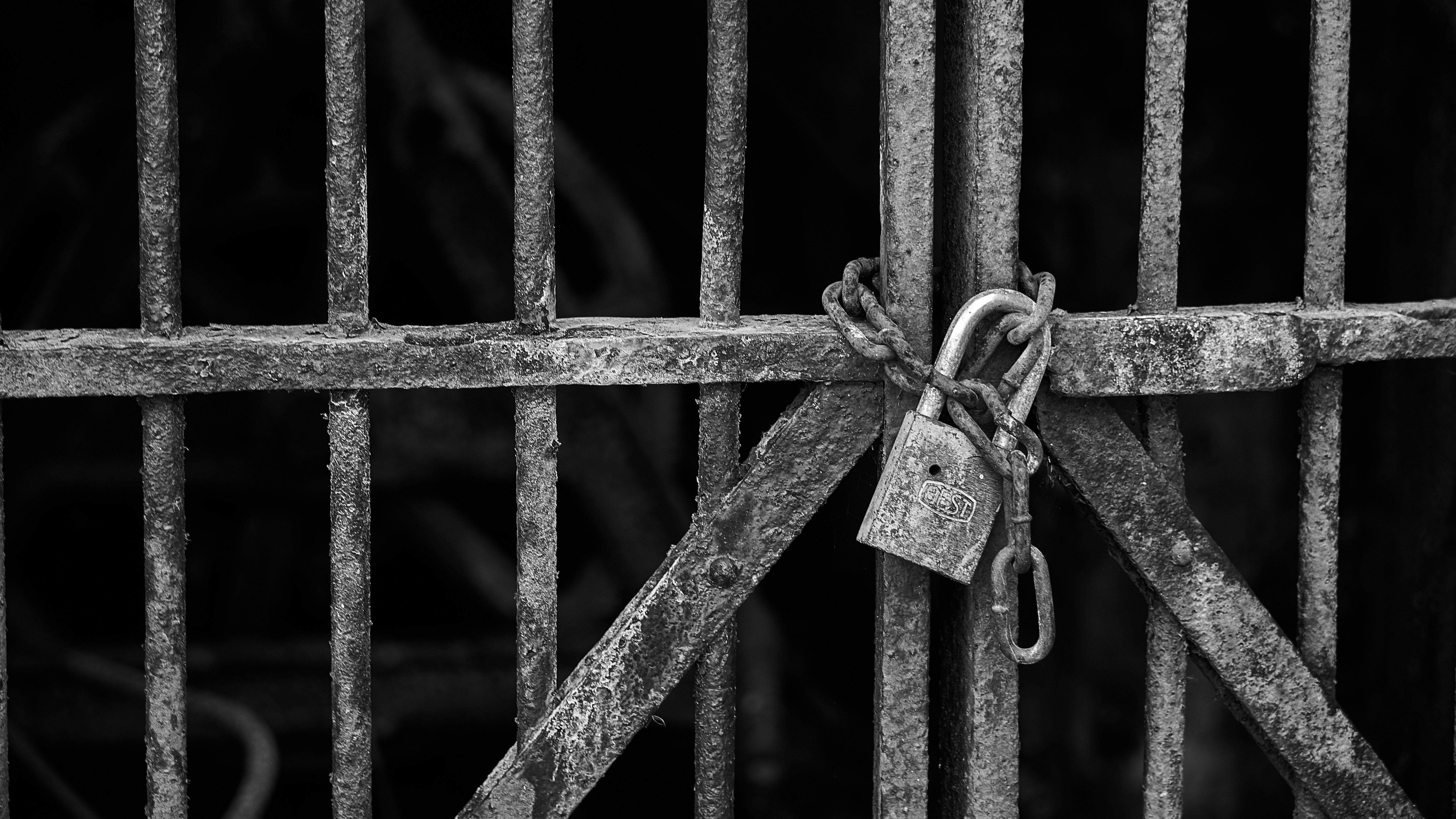 Monochrome image of a locked rusty gate HD Wallpaper