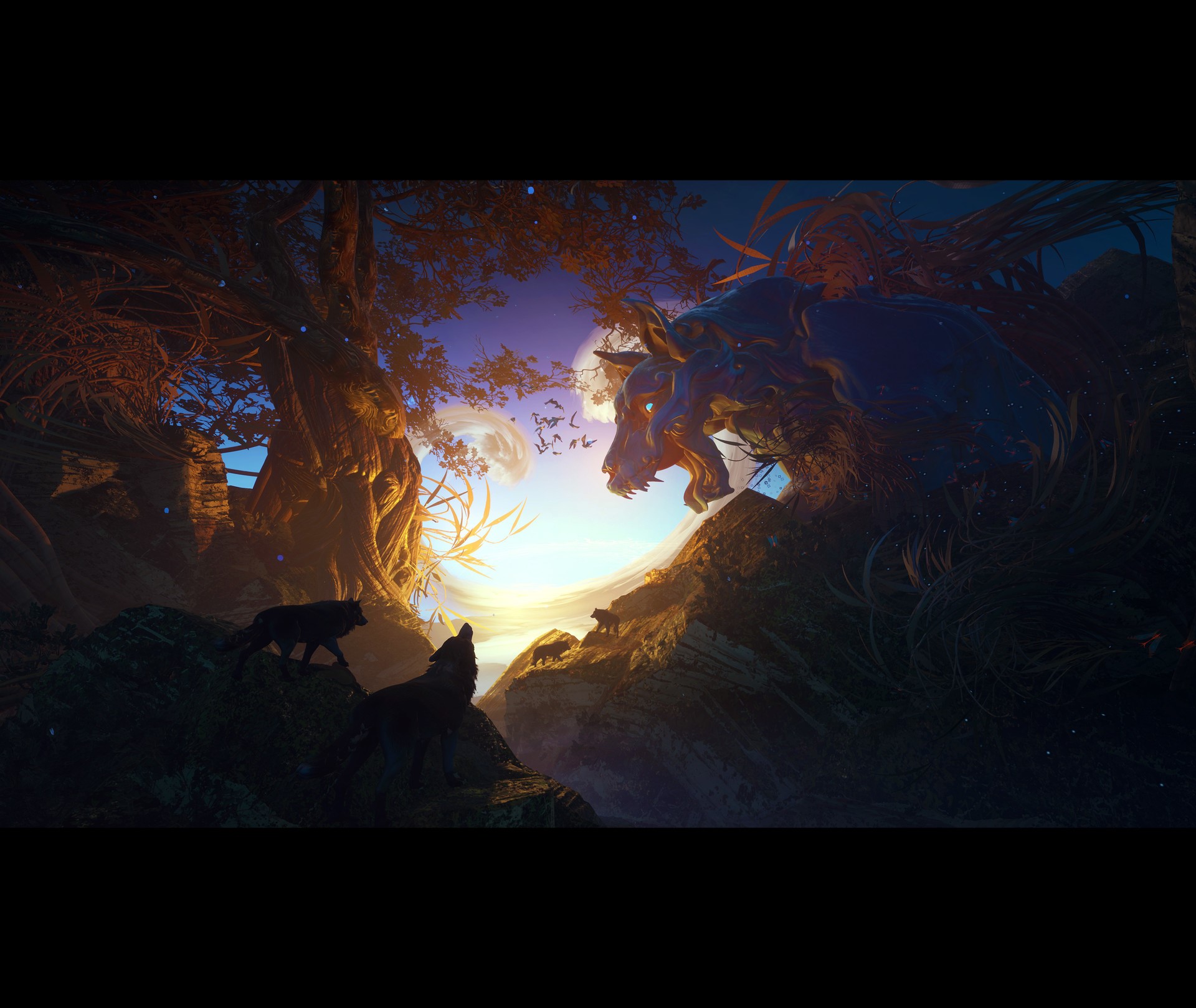 Fantasy art of a god-like wolf at sunset HD Wallpaper