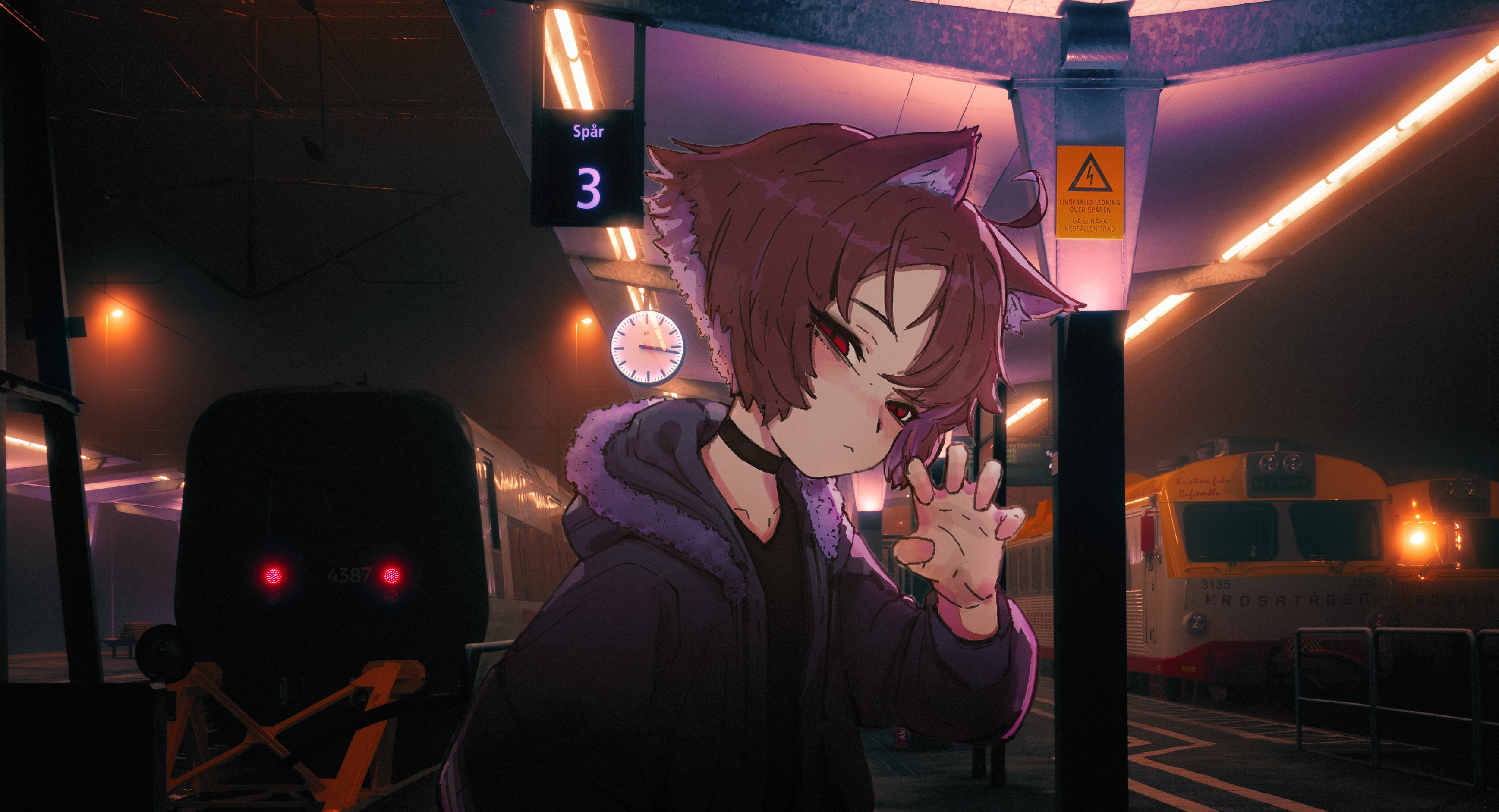 Anime girl with cat ears at a train station at night HD Wallpaper