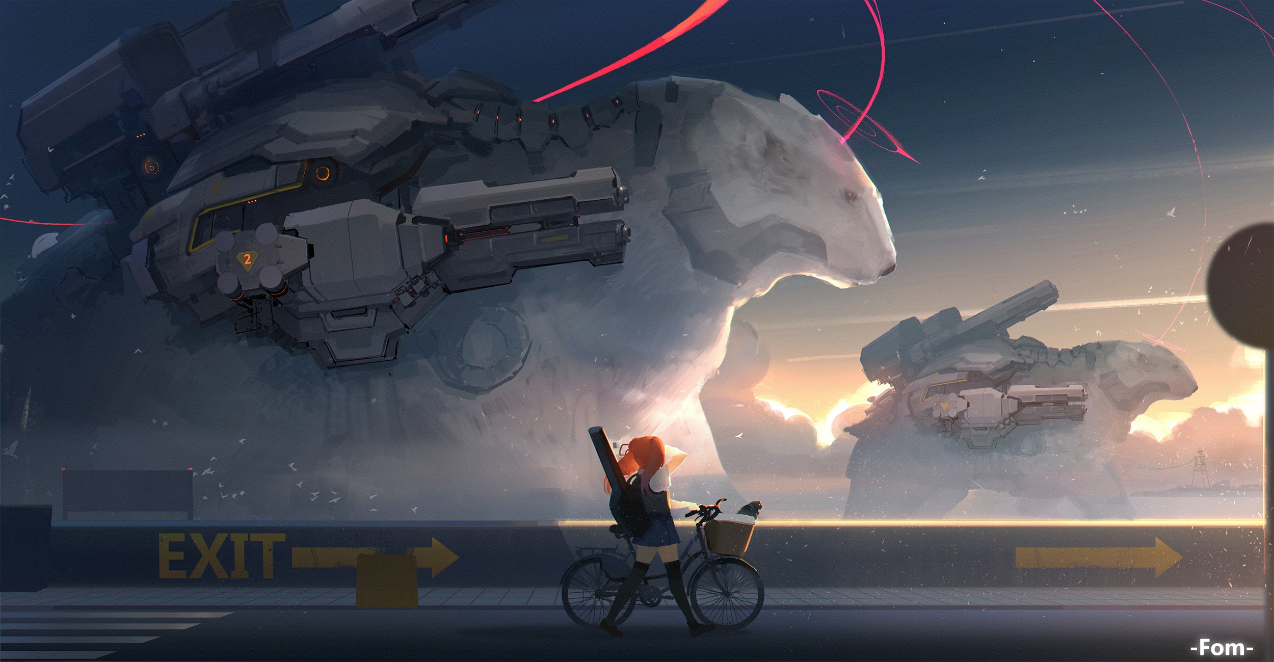 Girl with bicycle and futuristic mechs HD Wallpaper