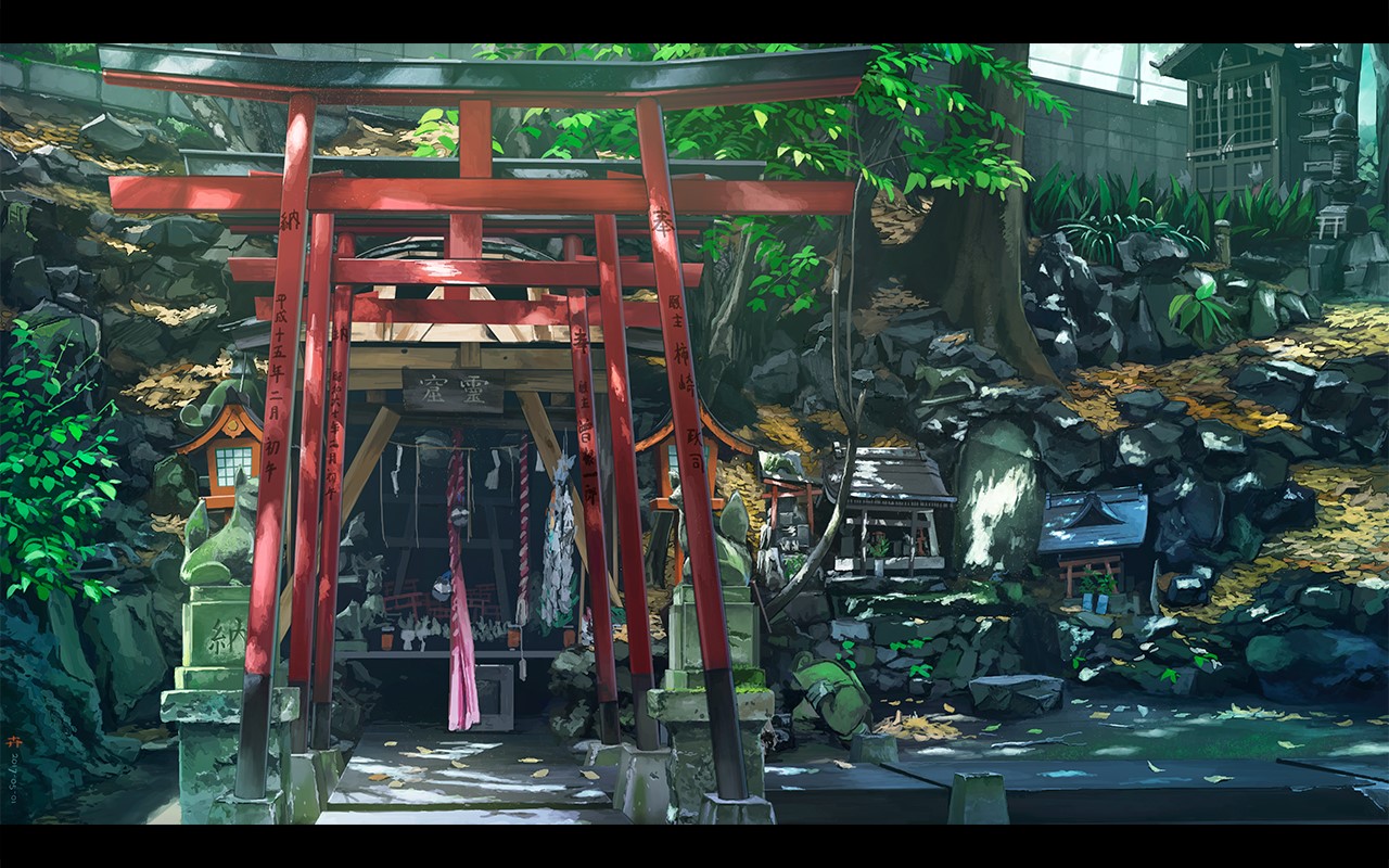 Japanese shrine with torii gates and stone lanterns HD Wallpaper