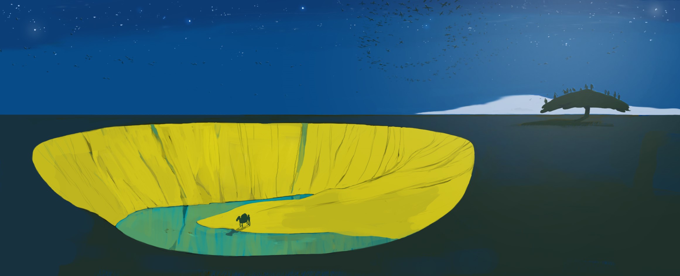 Camel in a desert crater under a starry night sky HD Wallpaper