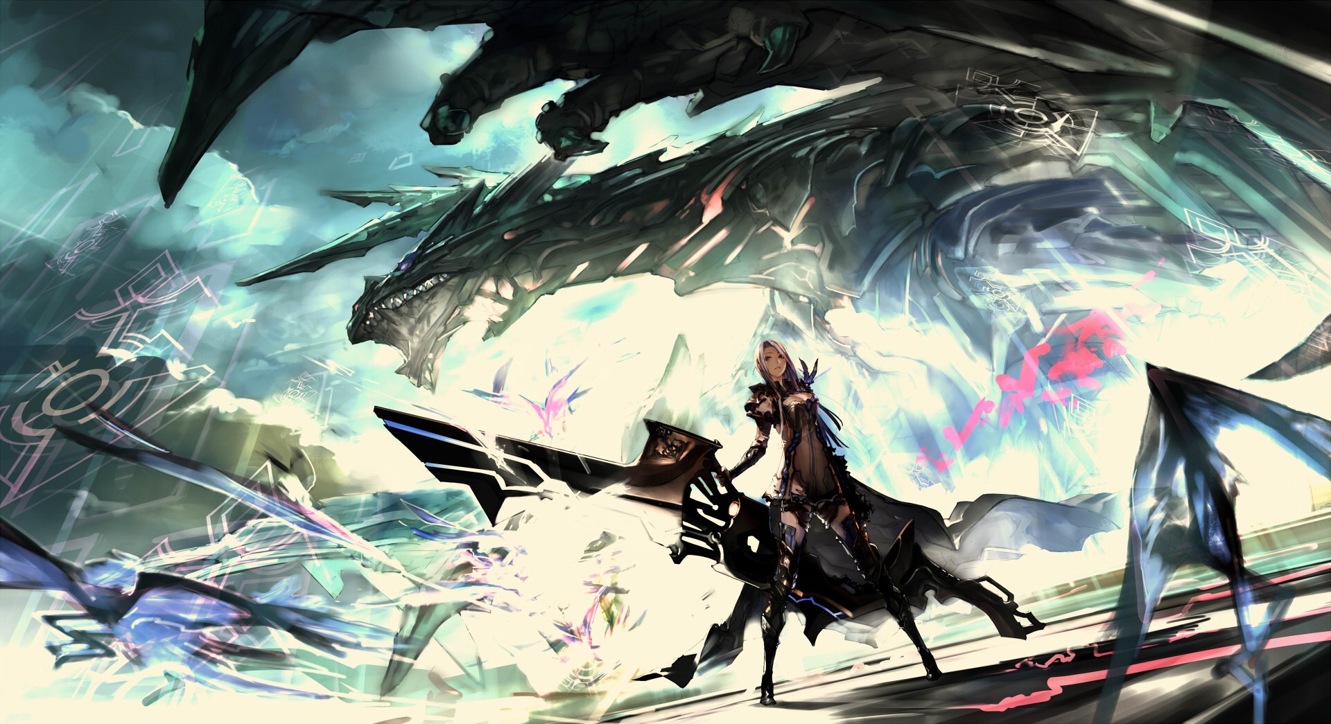 Anime girl with a dragon and abstract art HD Wallpaper