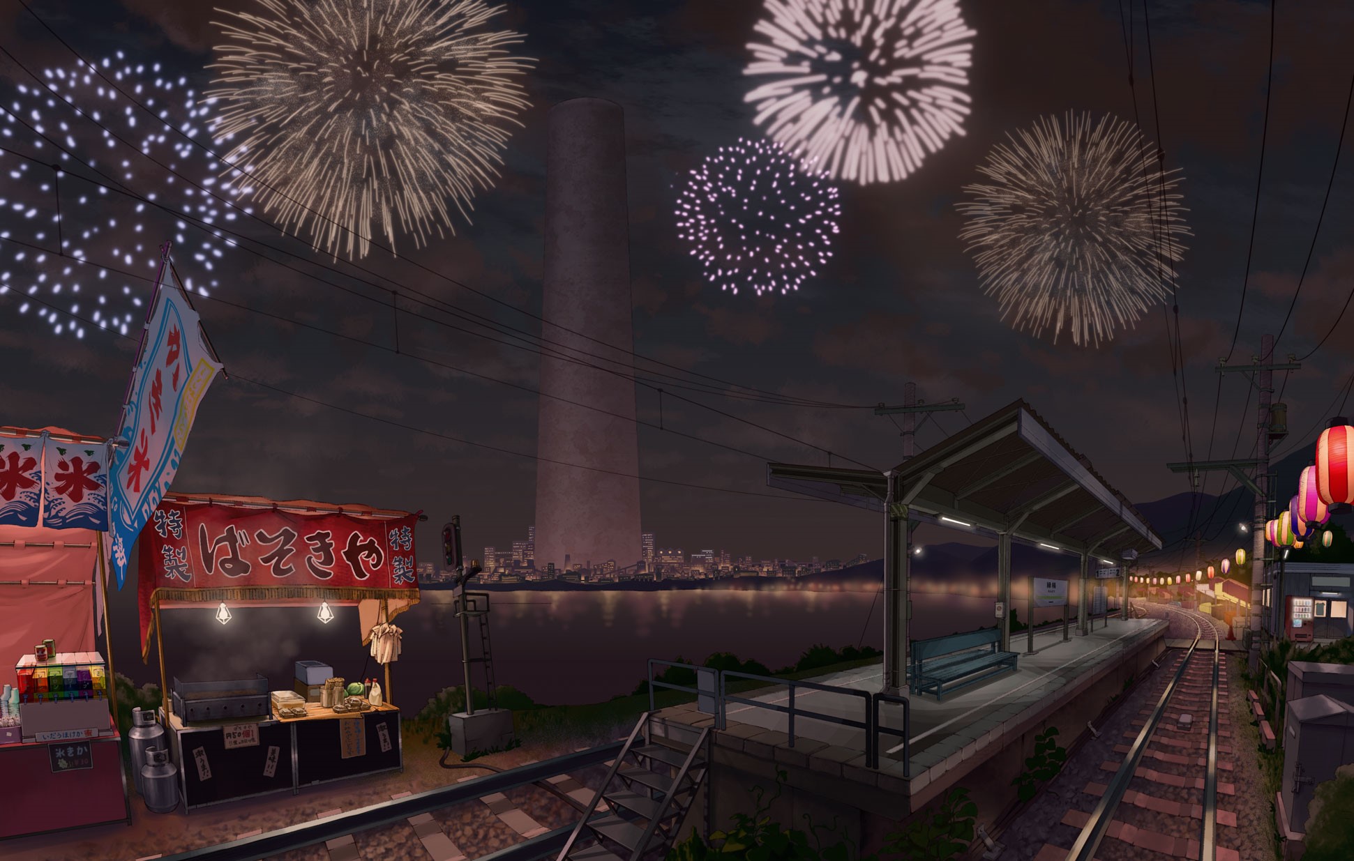 Fireworks over a train station at night HD Wallpaper