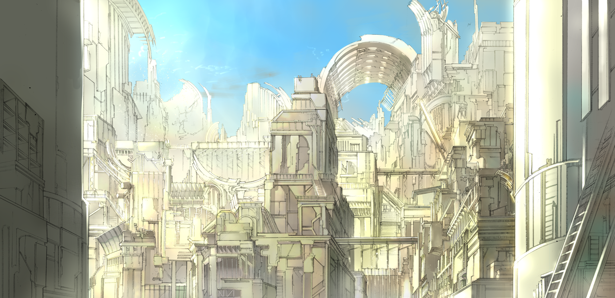 Futuristic city with intricate architecture under a blue sky HD Wallpaper
