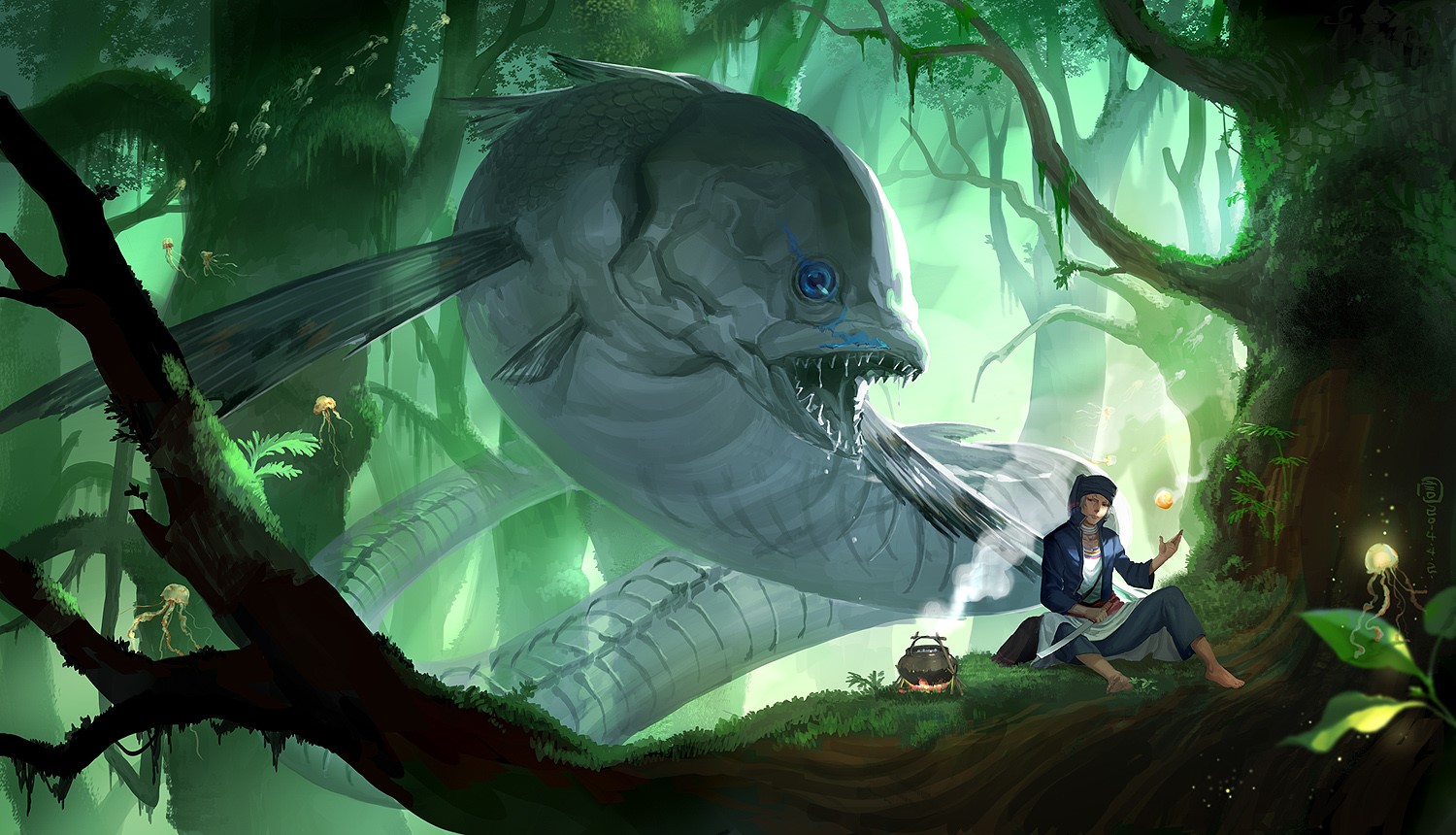 Fantasy art of a giant fish creature in a forest HD Wallpaper