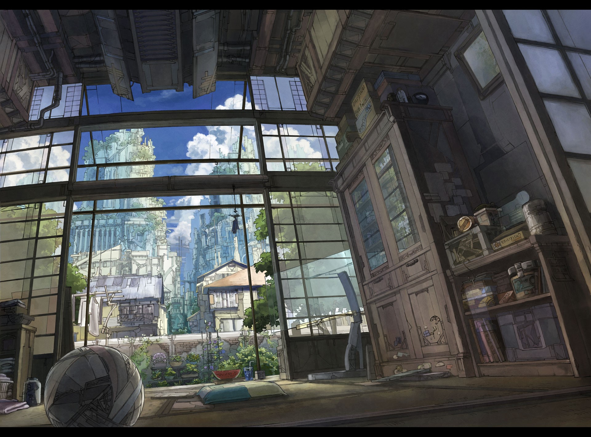 Anime interior overlooking a futuristic city HD Wallpaper