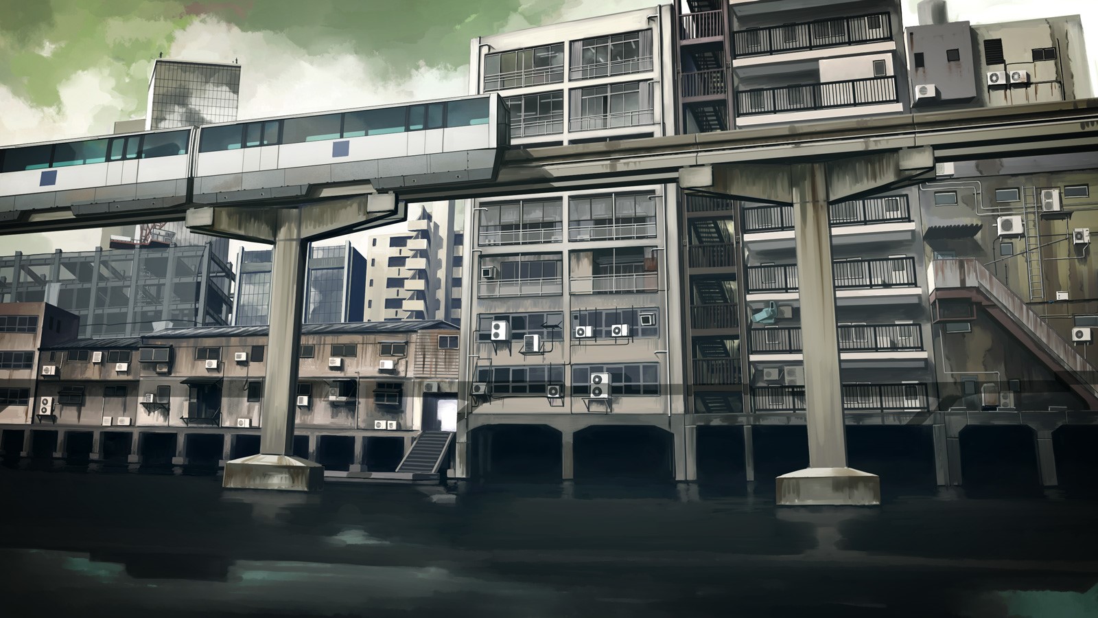 Monorail train over a canal in a dense urban cityscape HD Wallpaper