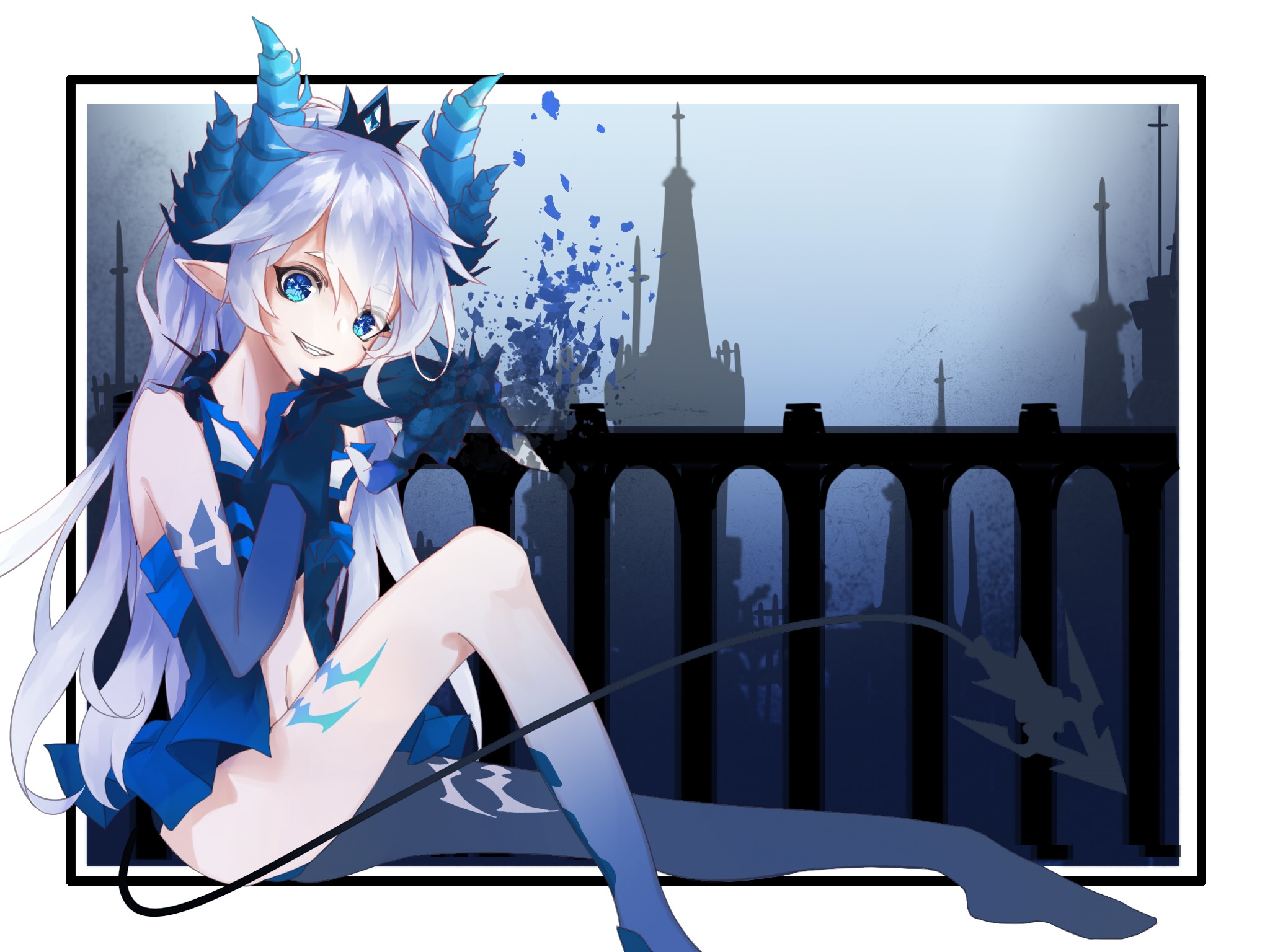 Anime girl with horns and tail in blue outfit HD Wallpaper
