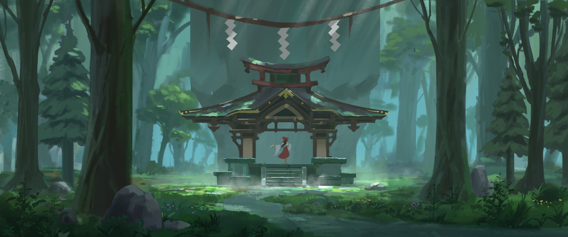 Anime girl in red dress at a shrine in a forest HD Wallpaper