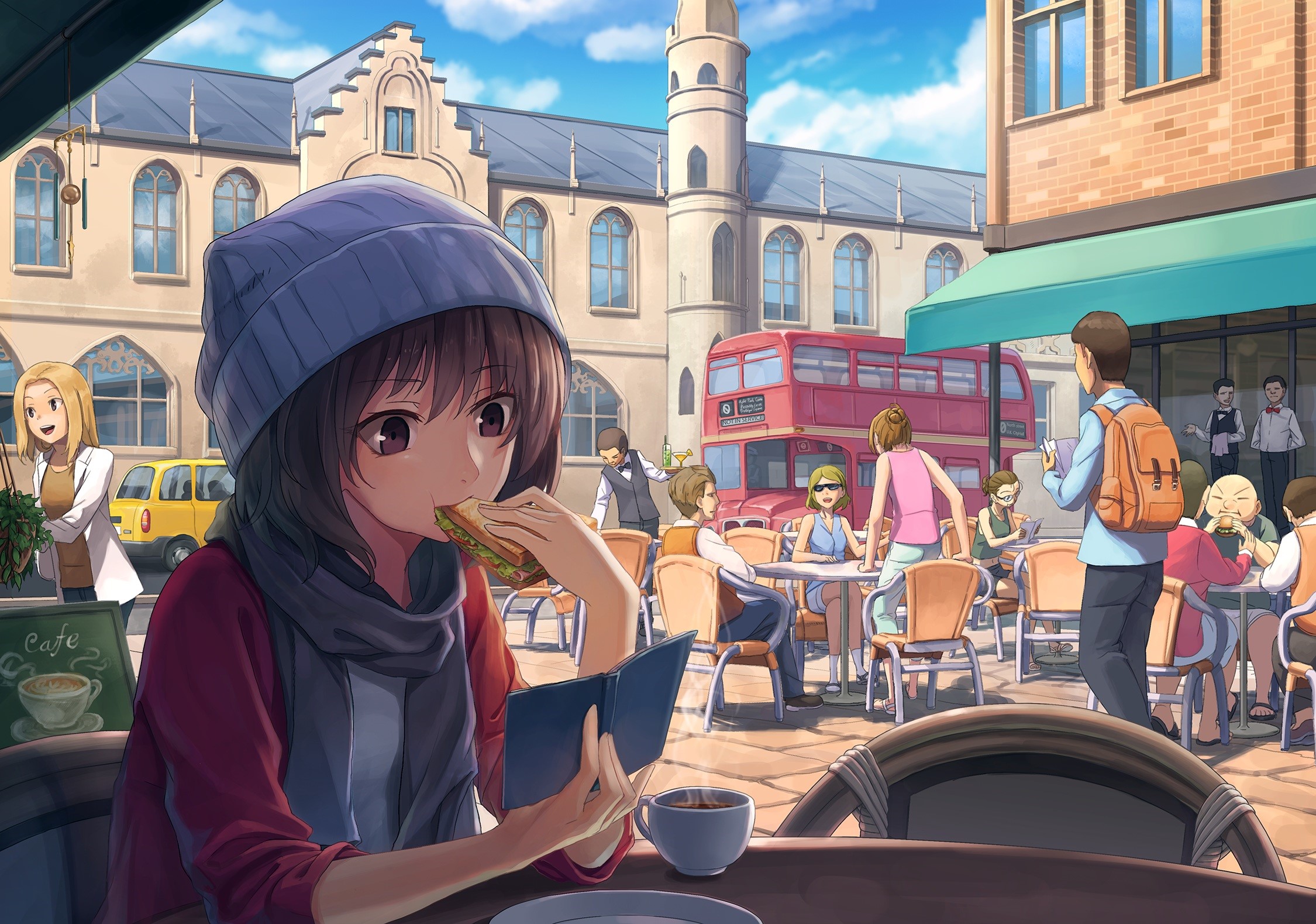 Anime girl eating sandwich at outdoor cafe with red bus HD Wallpaper