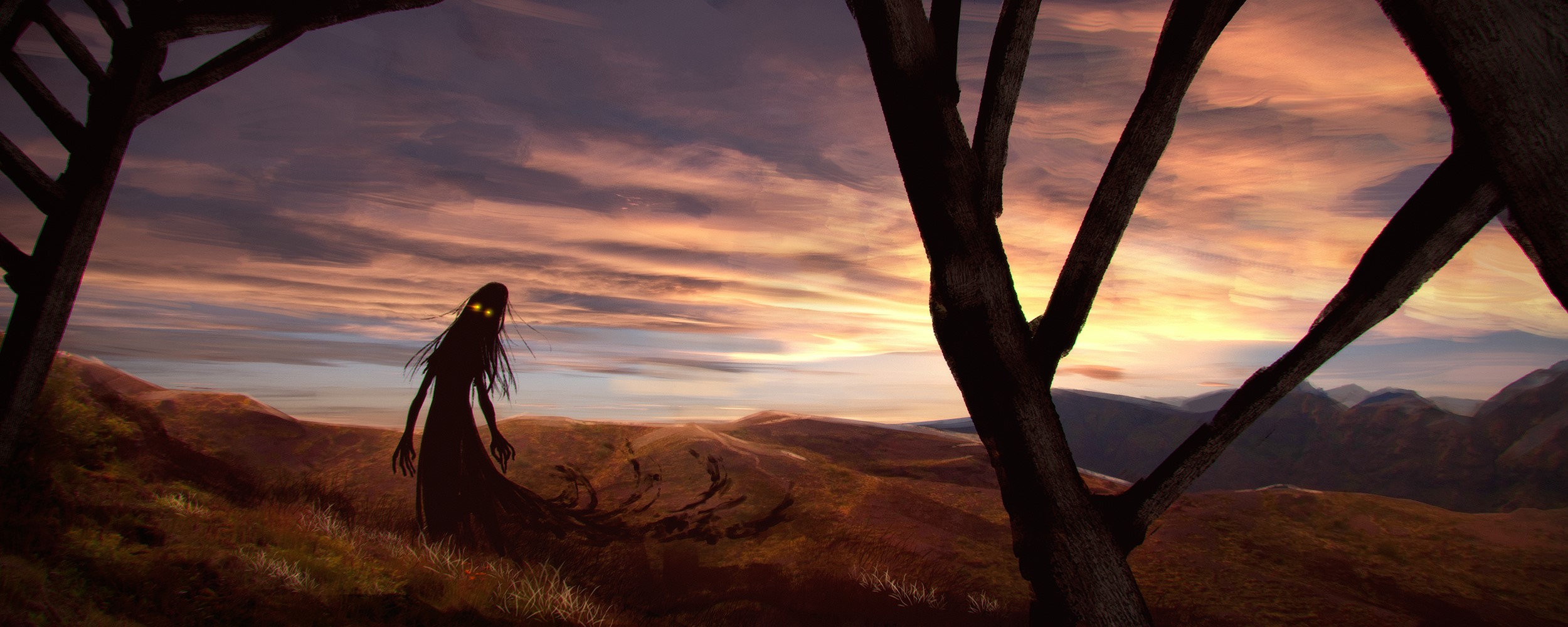 Spooky figure with glowing eyes in a desolate landscape at sunset HD Wallpaper