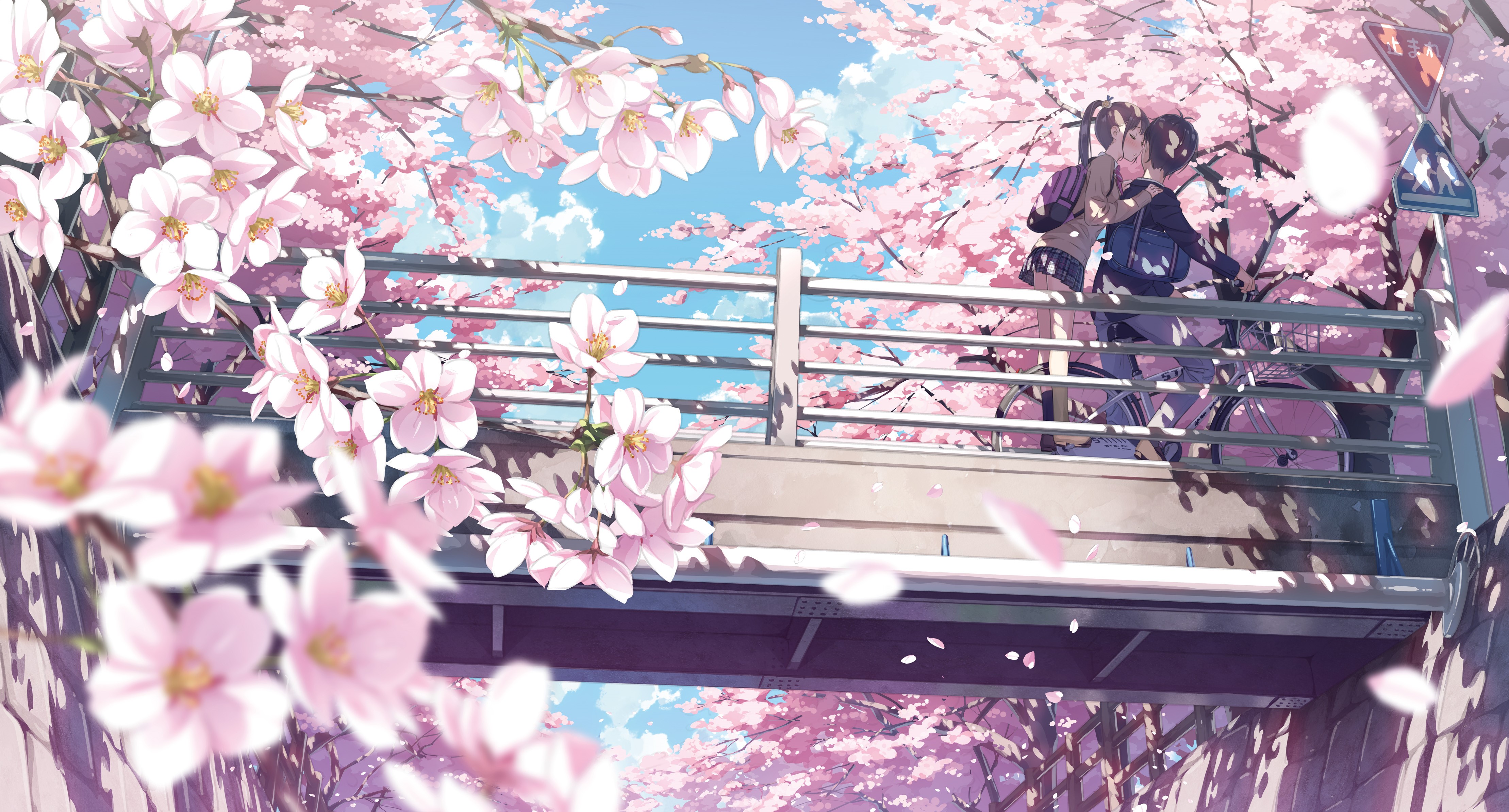 Anime couple kissing on a bridge with cherry blossoms HD Wallpaper