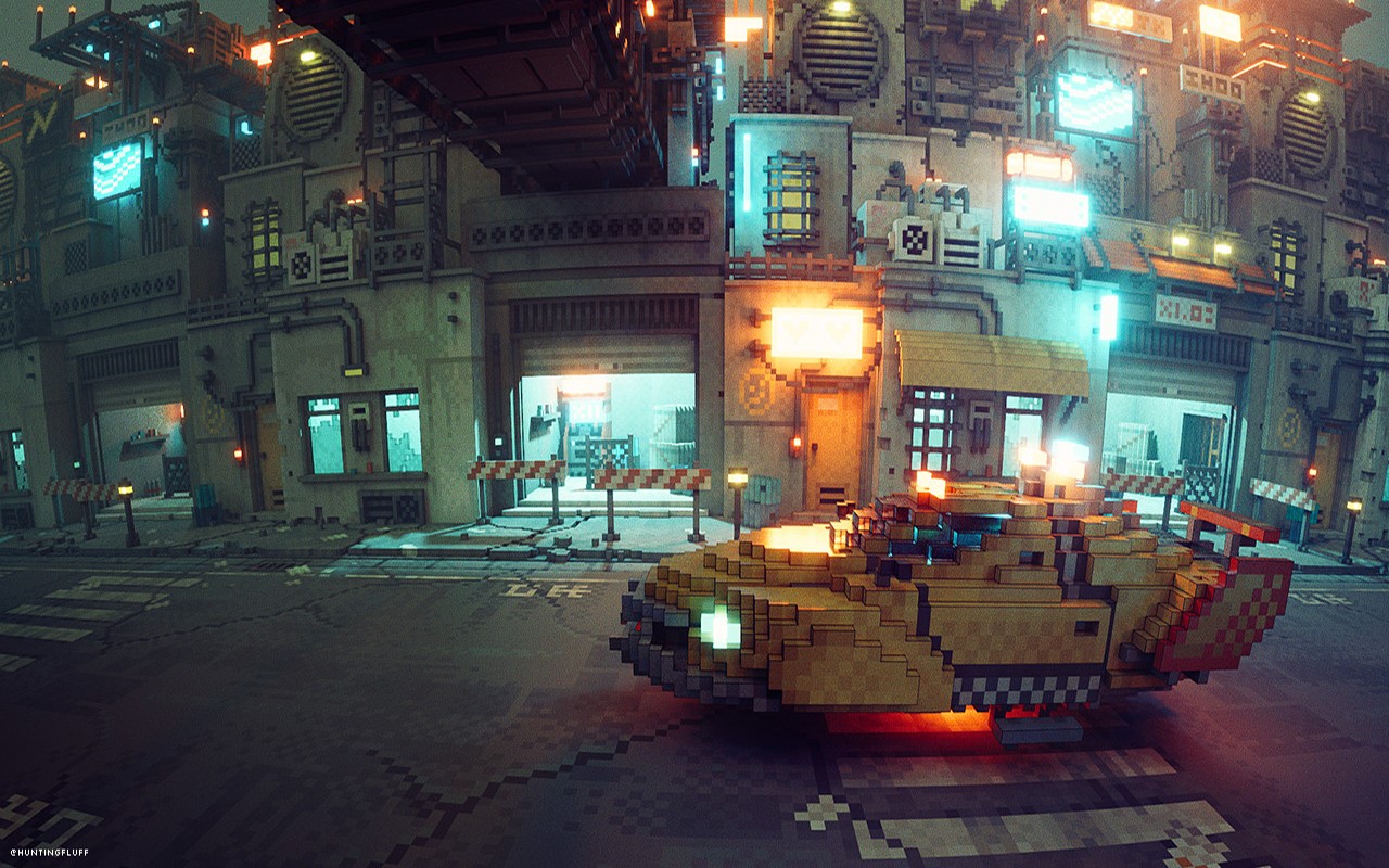 Pixelated futuristic city street with a yellow vehicle HD Wallpaper