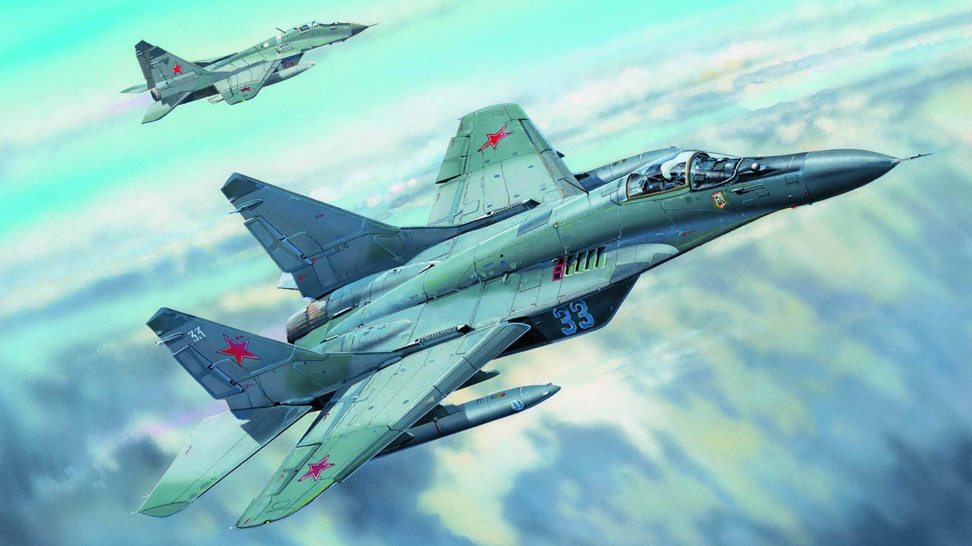 Two Russian MiG-29 fighter jets flying in the sky HD Wallpaper