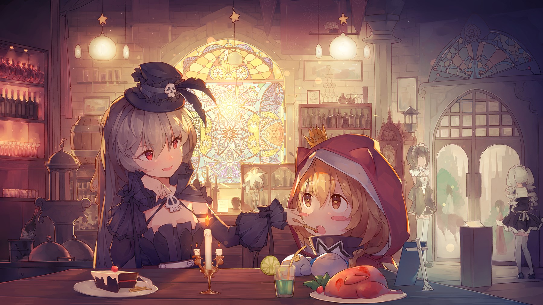 Anime girls in a restaurant with stained glass window HD Wallpaper