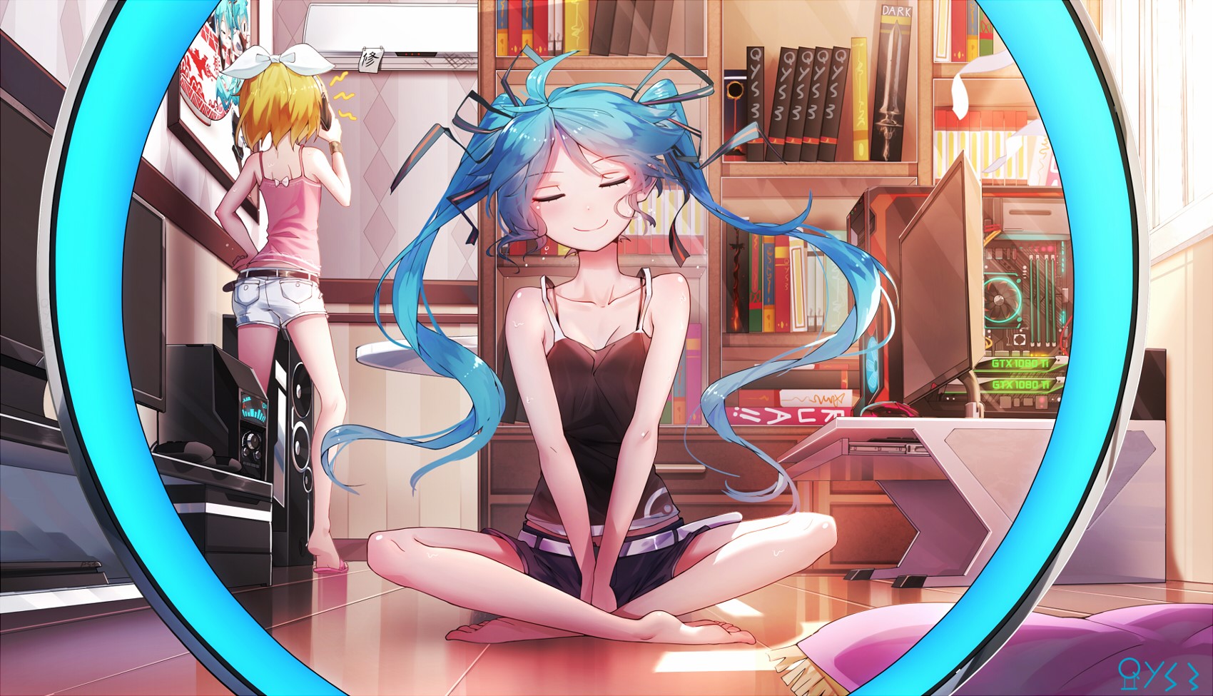 Anime girls Hatsune Miku and Rin Kagamine in a room HD Wallpaper