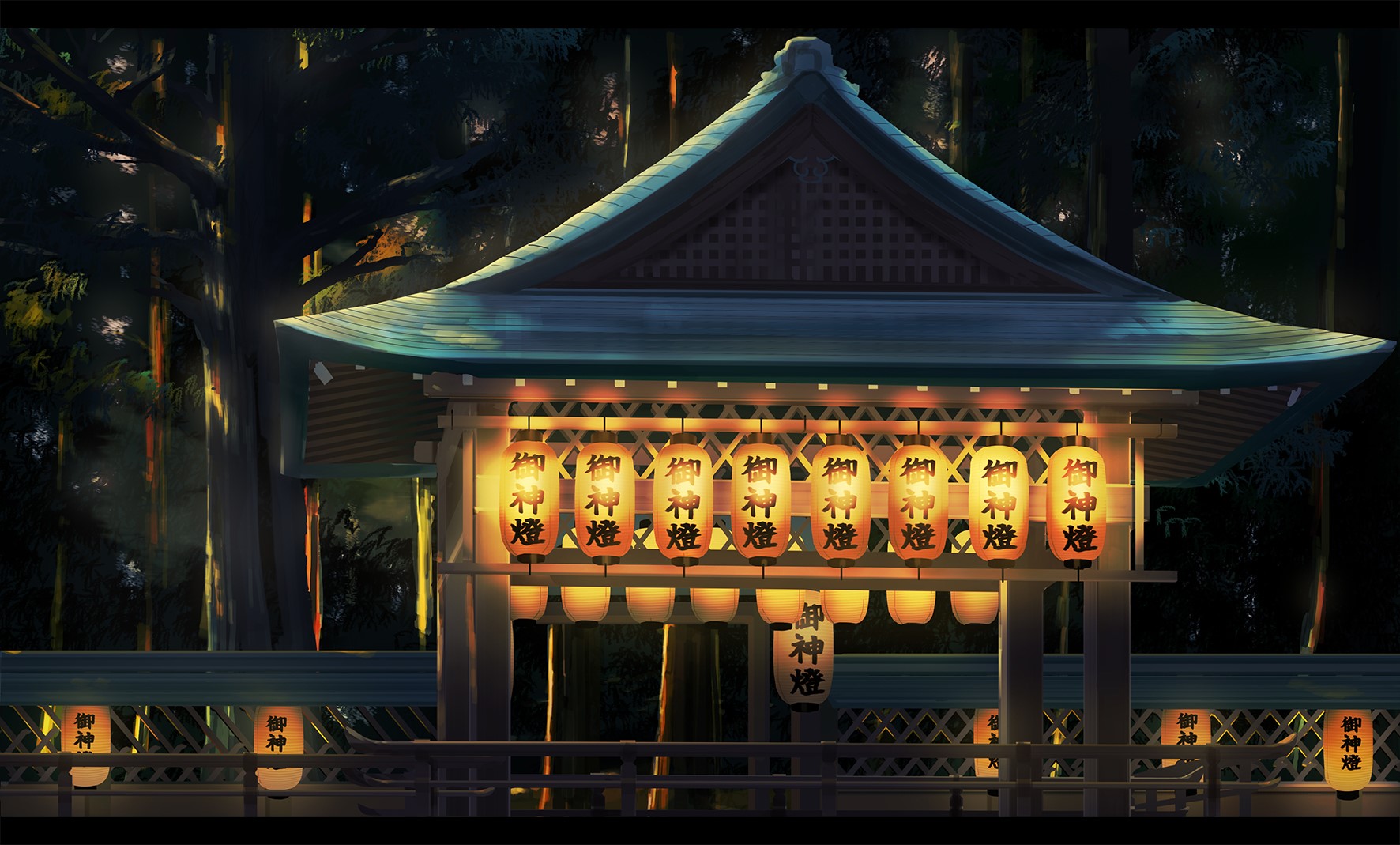 Japanese shrine with lanterns at night HD Wallpaper