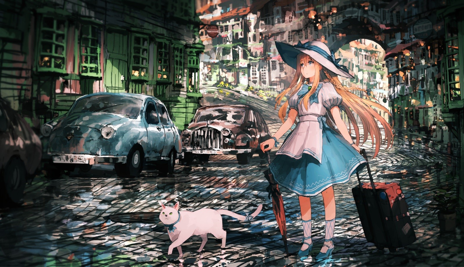 Anime girl with suitcase and cat in city street HD Wallpaper