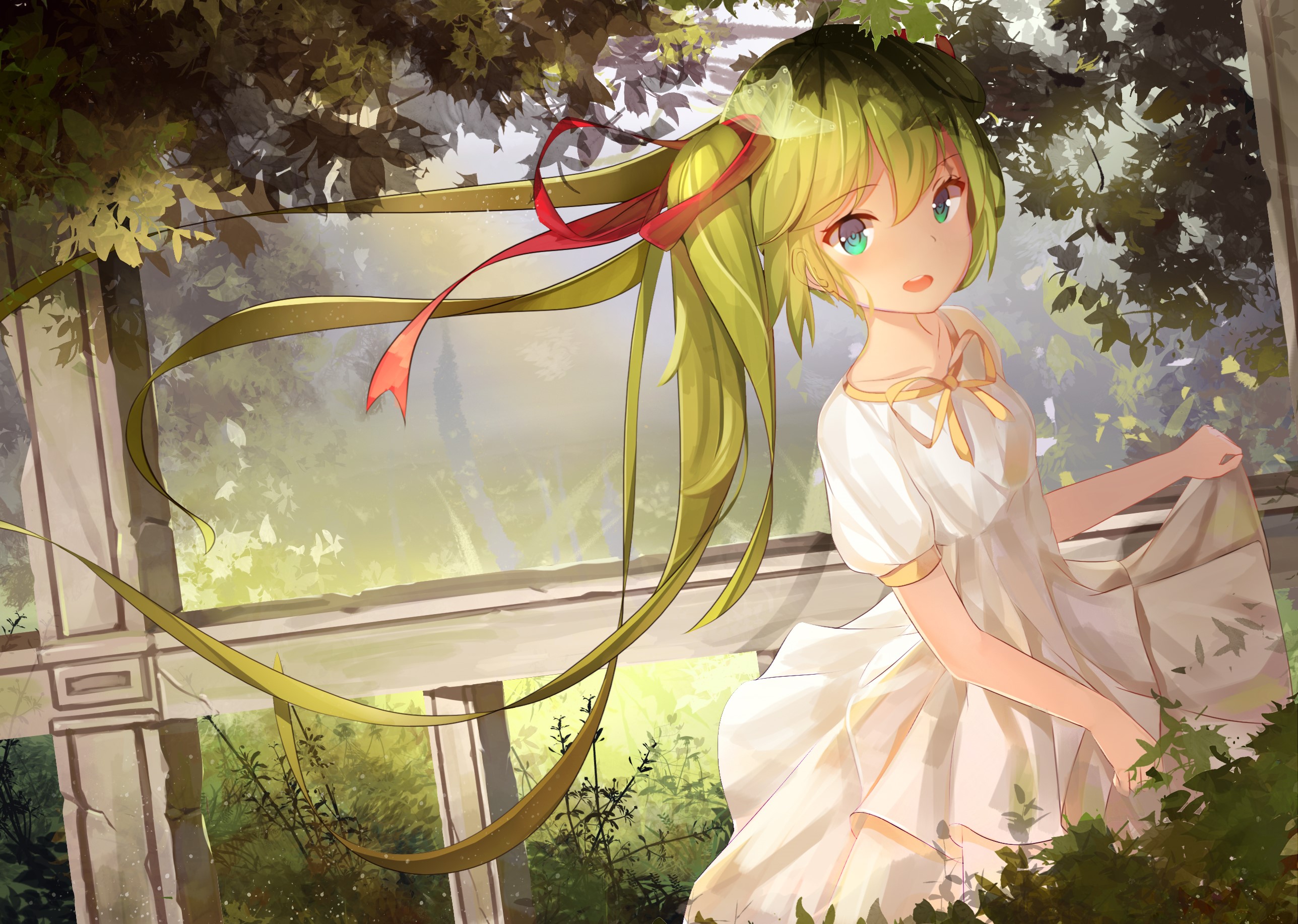 Anime girl with blonde hair and blue eyes in a white dress HD Wallpaper