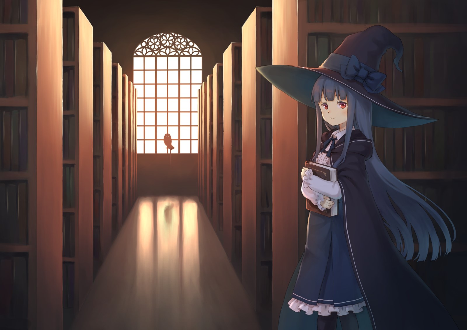 Anime girl witch in library holding books HD Wallpaper