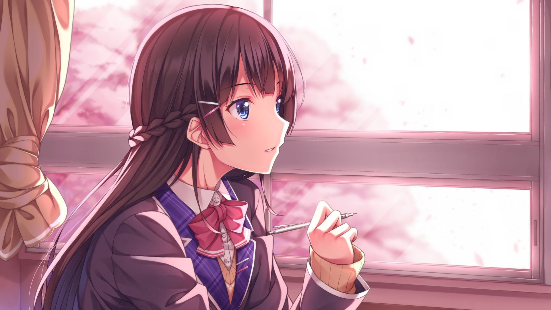 Anime girl with long brown hair and blue eyes in school uniform HD Wallpaper