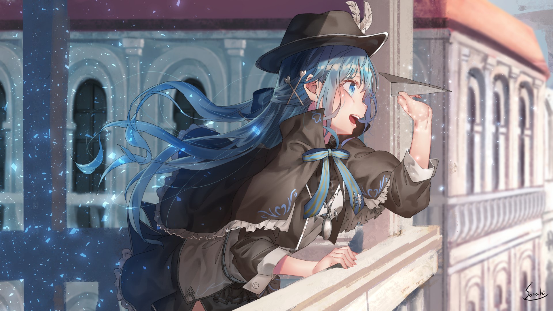 Anime girl with blue hair and hat throwing paper airplane HD Wallpaper