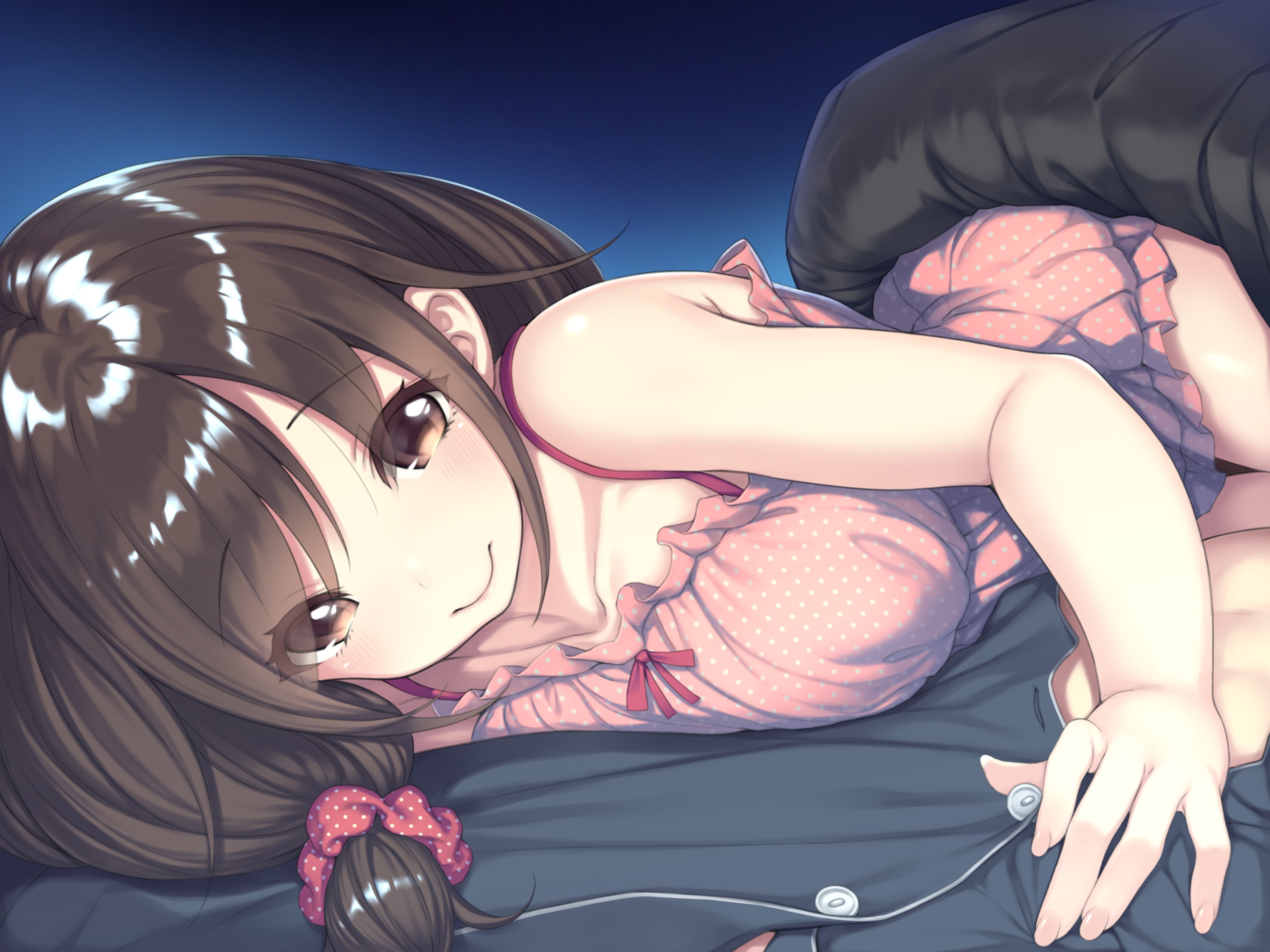 Anime girl with brown hair in pink pajamas HD Wallpaper