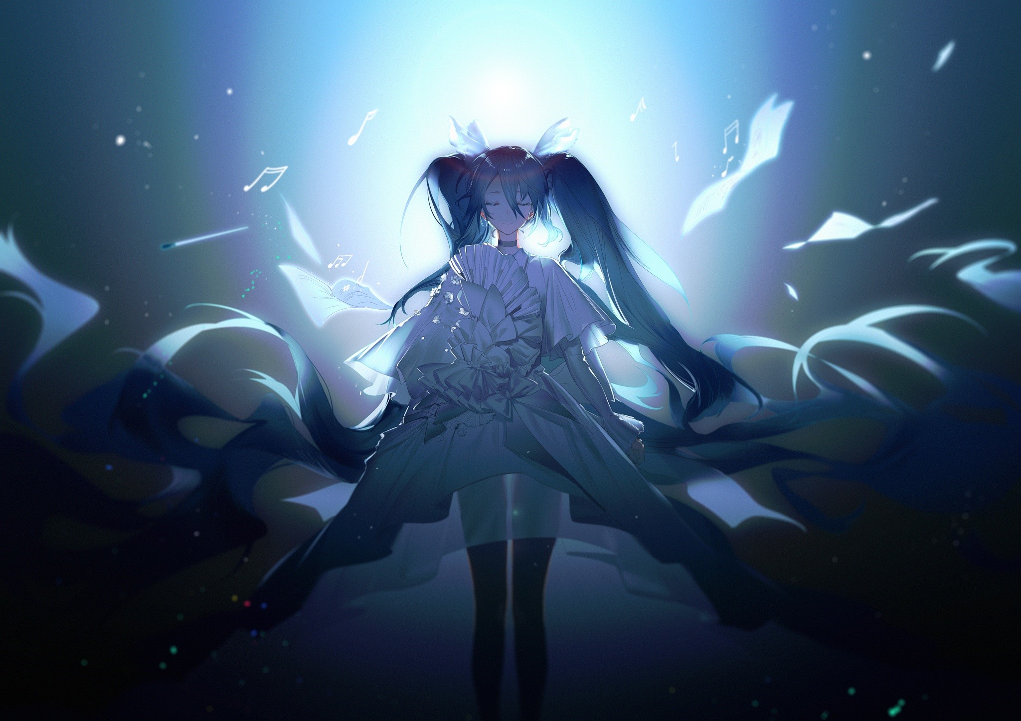 Anime girl with long hair and musical notes HD Wallpaper