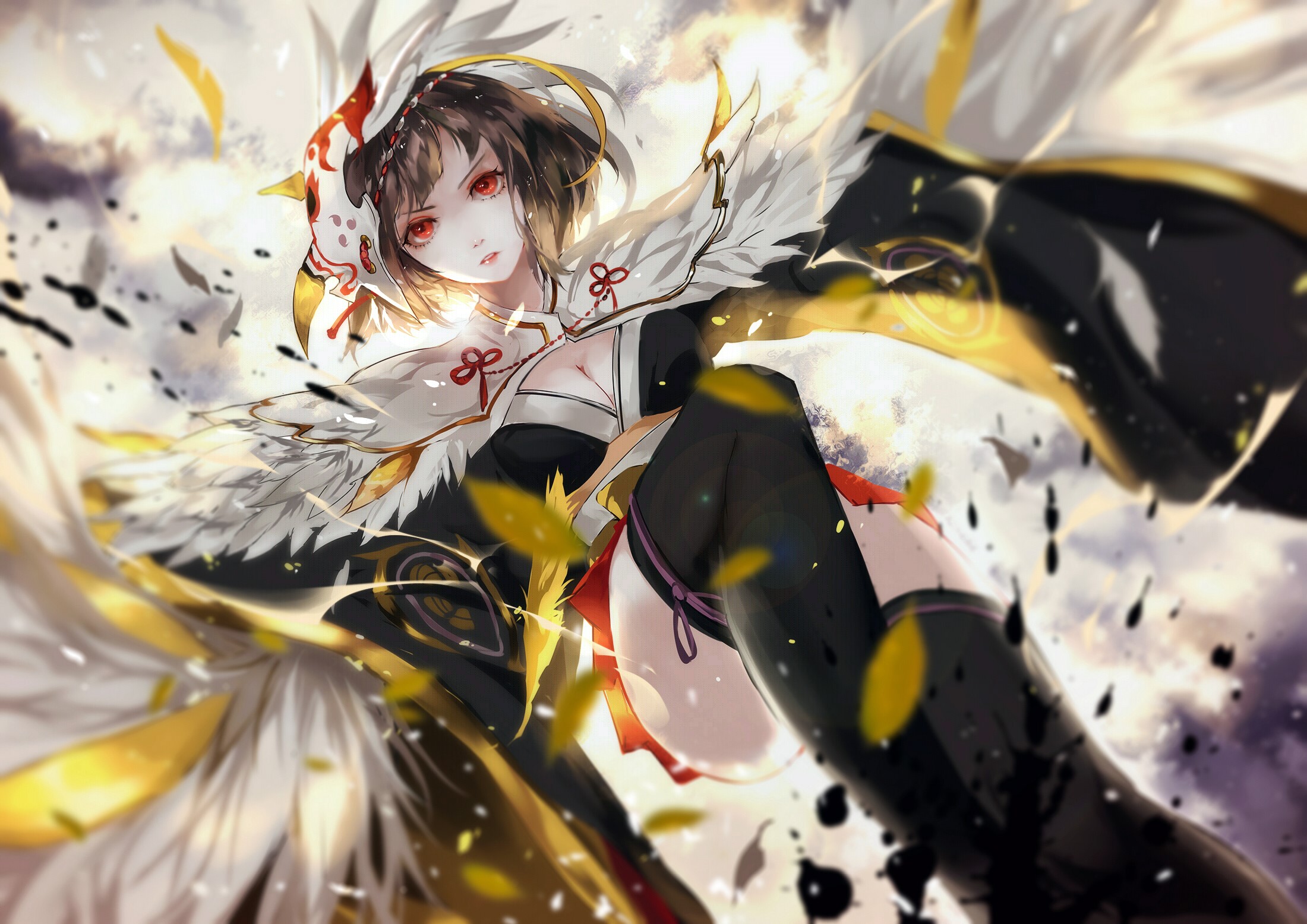 Anime girl with fox mask and white wings HD Wallpaper