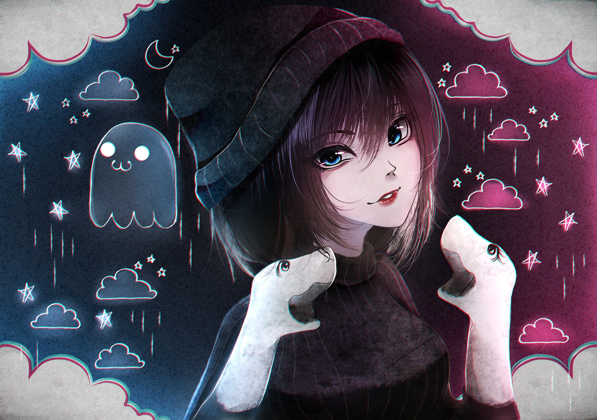 Anime girl with ghost and clouds artwork HD Wallpaper