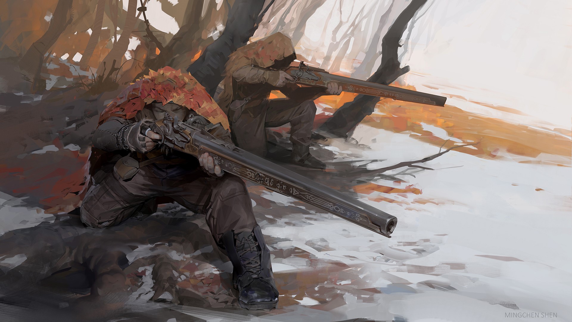 Two soldiers with rifles in a snowy forest HD Wallpaper