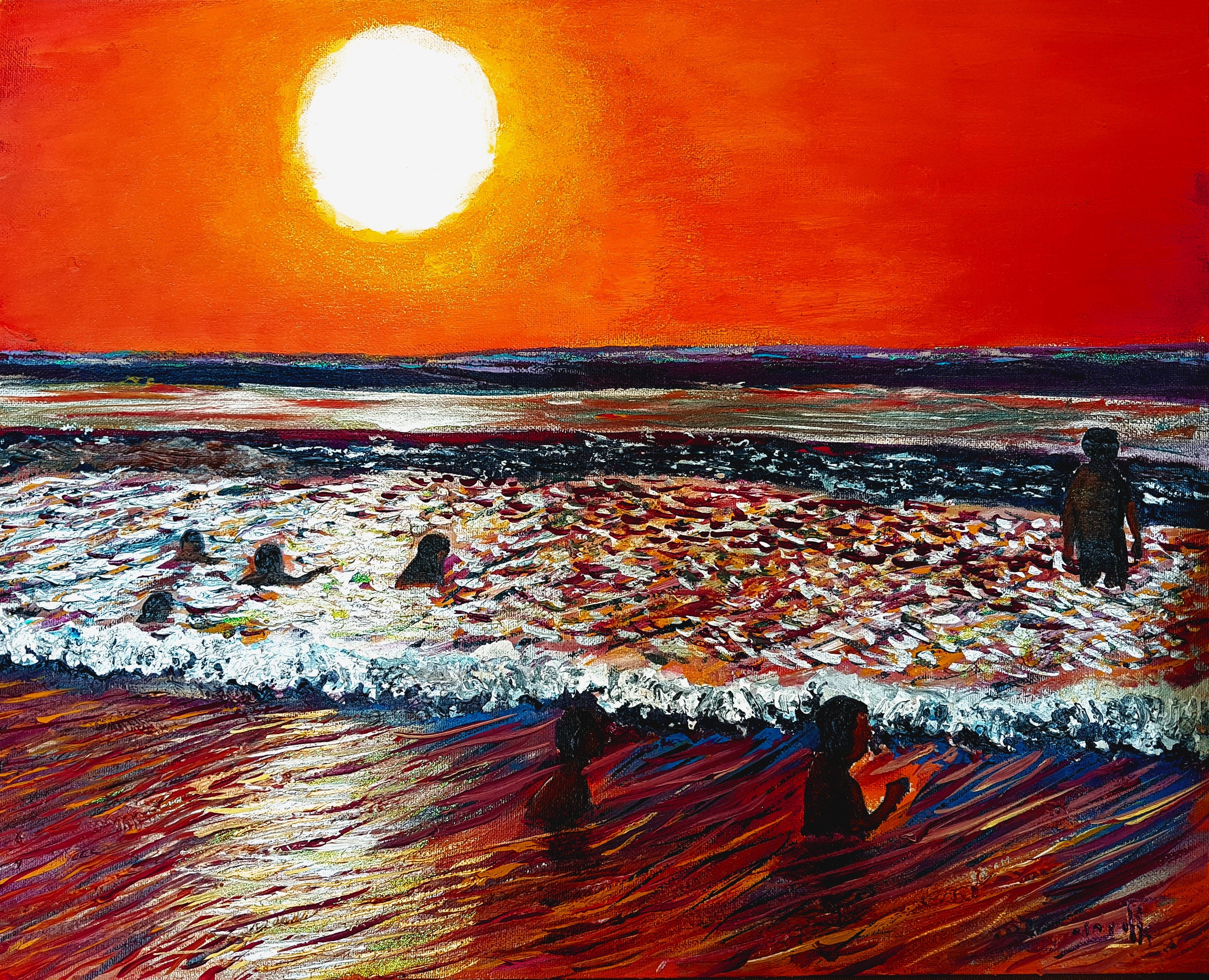 Children playing in the sea at sunset HD Wallpaper