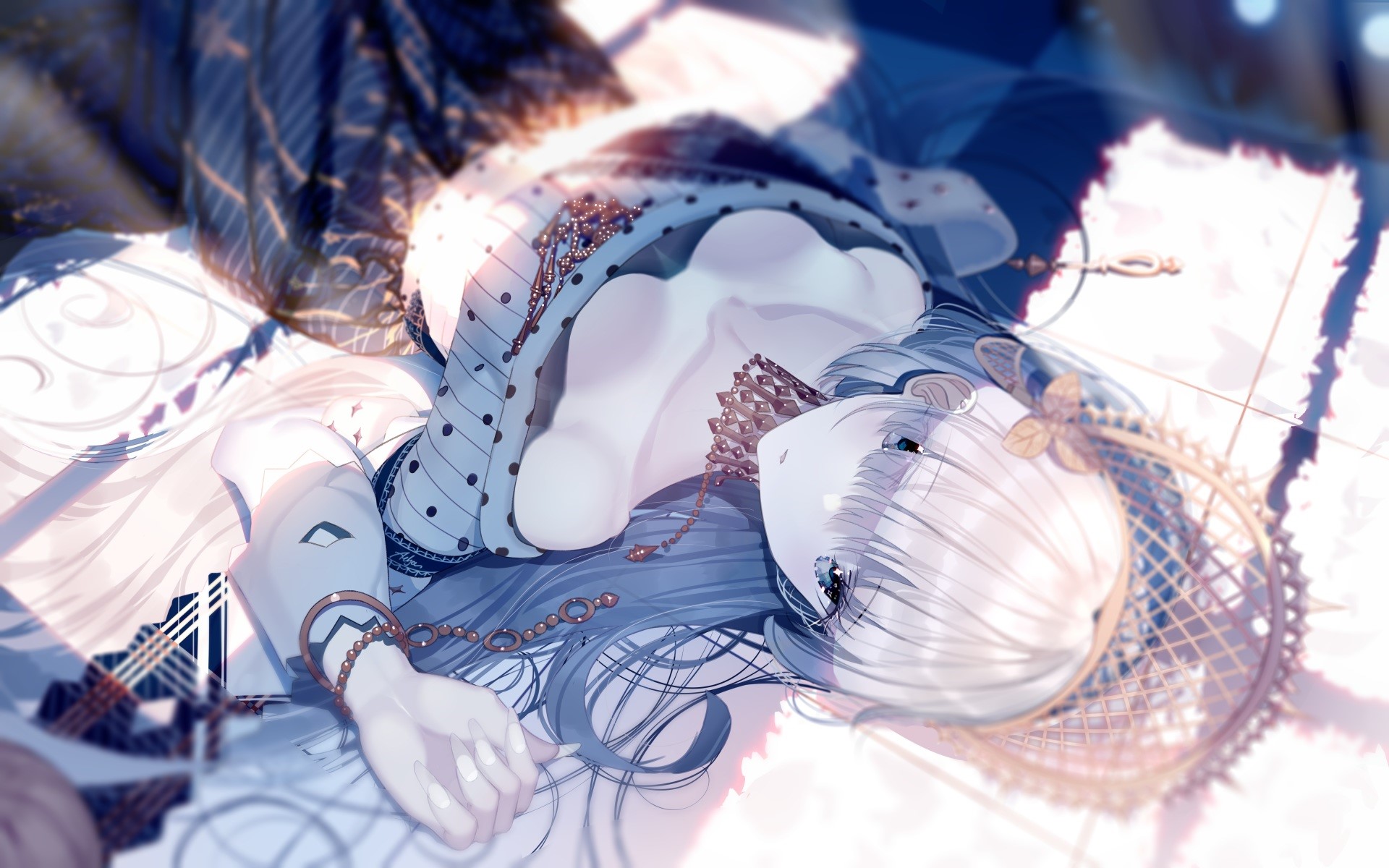 Anime girl with blue eyes lying down HD Wallpaper