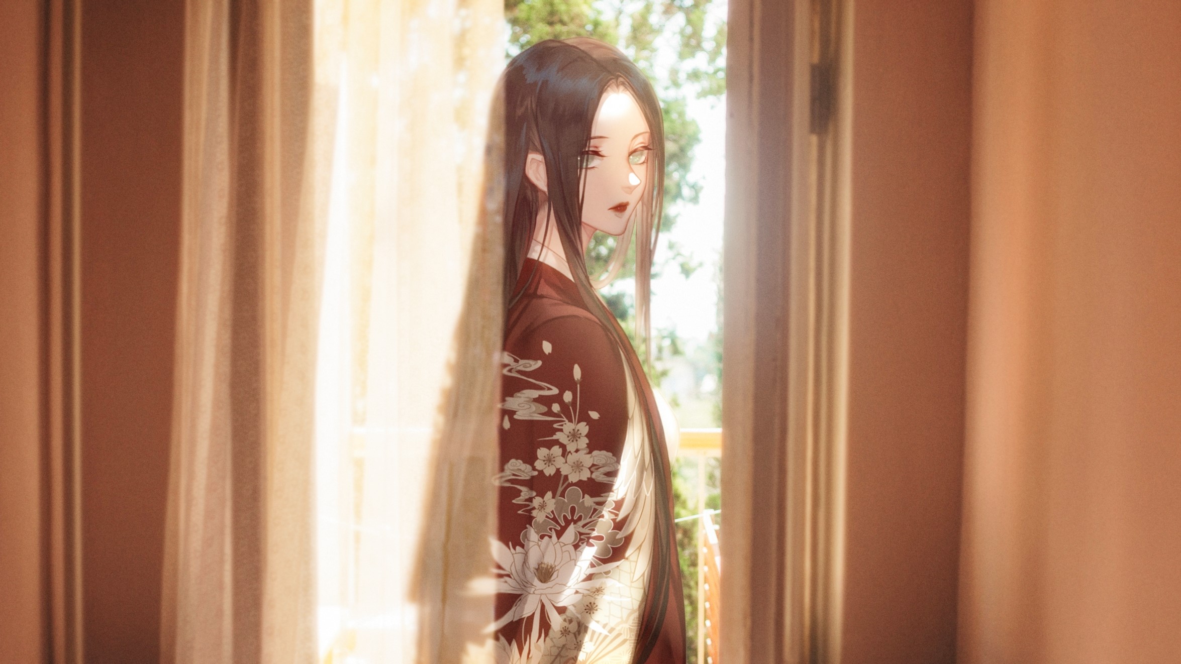 Anime girl in kimono by the window HD Wallpaper