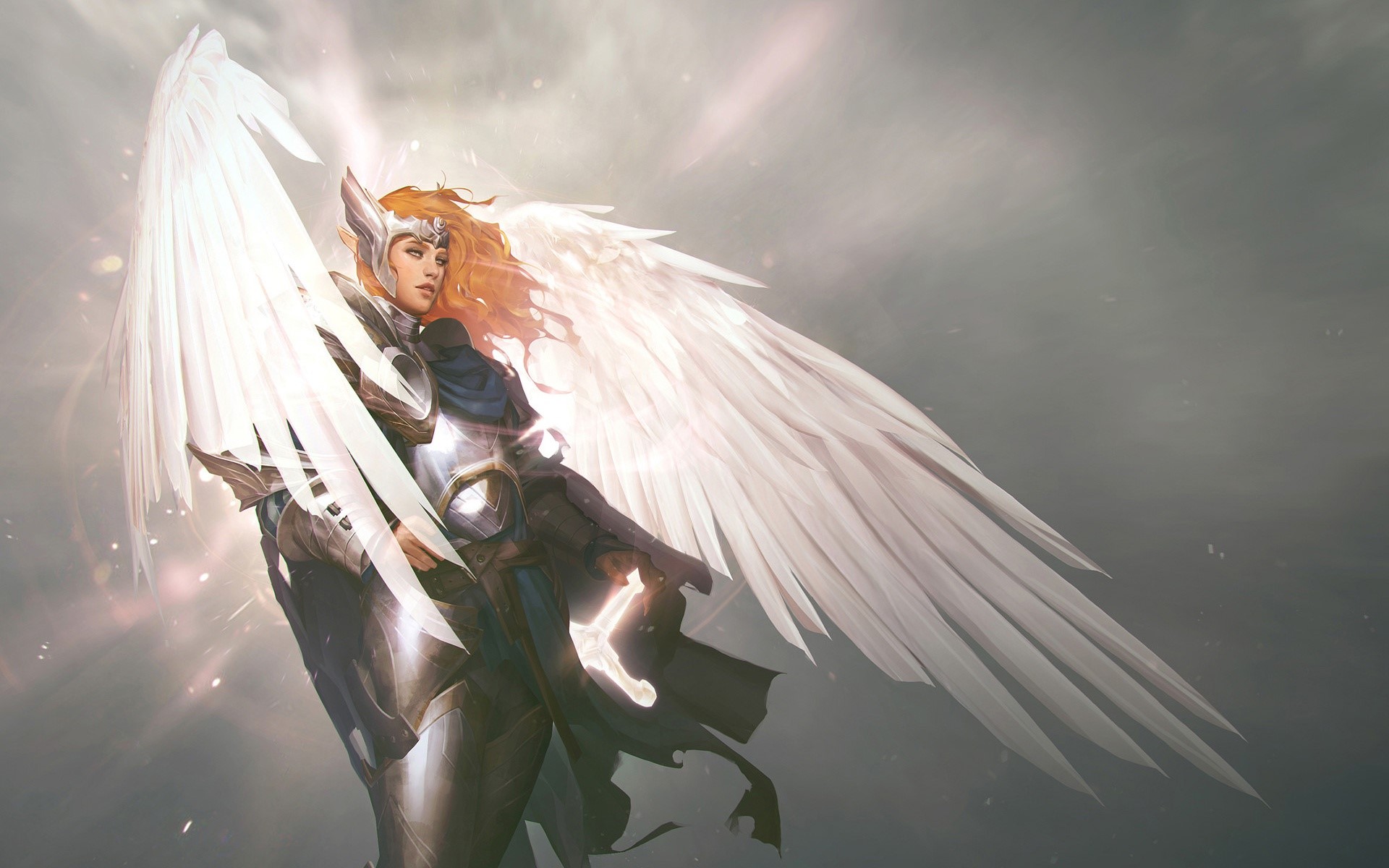 Fantasy angel warrior with large white wings HD Wallpaper