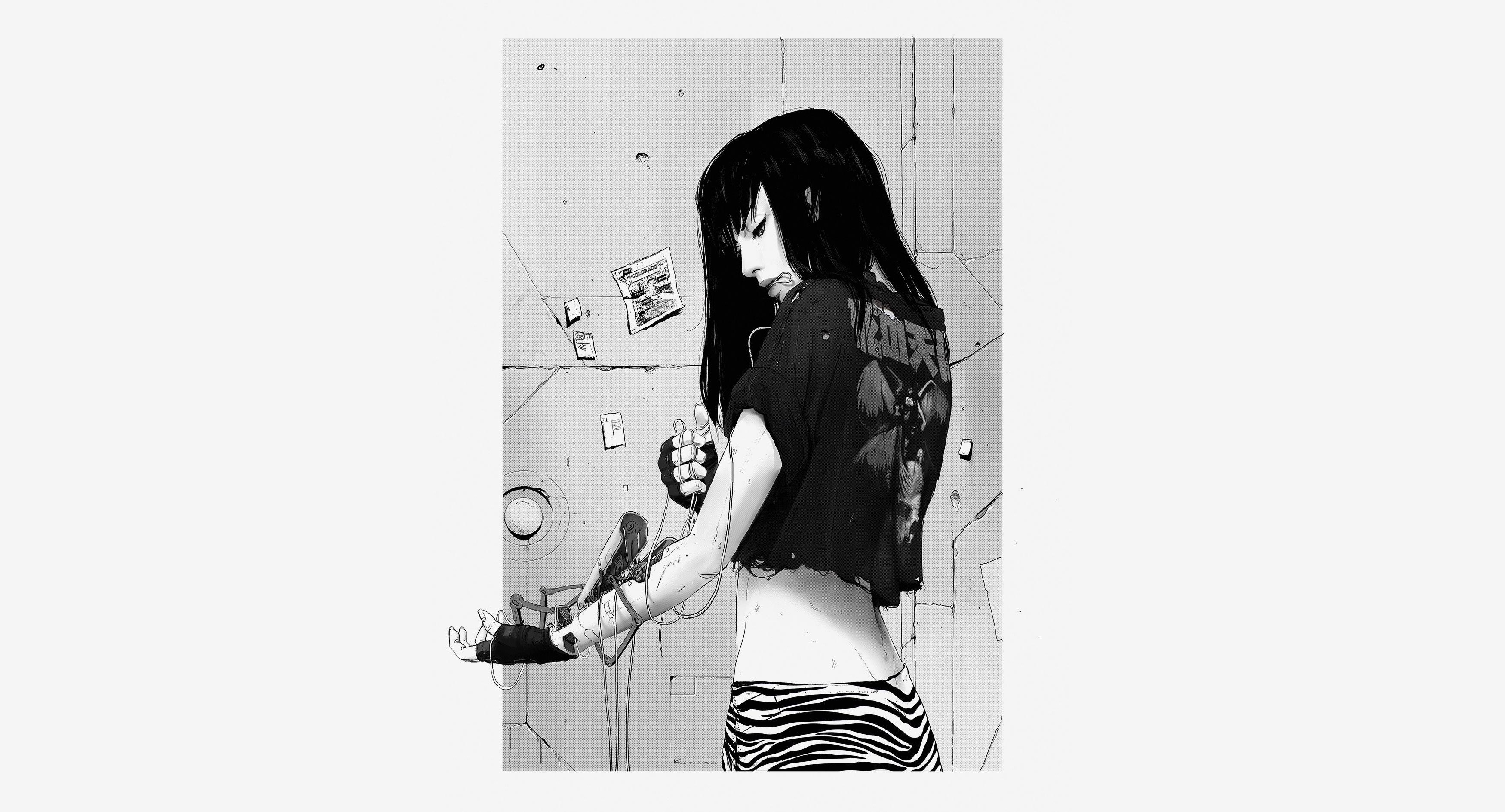 Monochrome cyberpunk artwork of a cyborg woman HD Wallpaper
