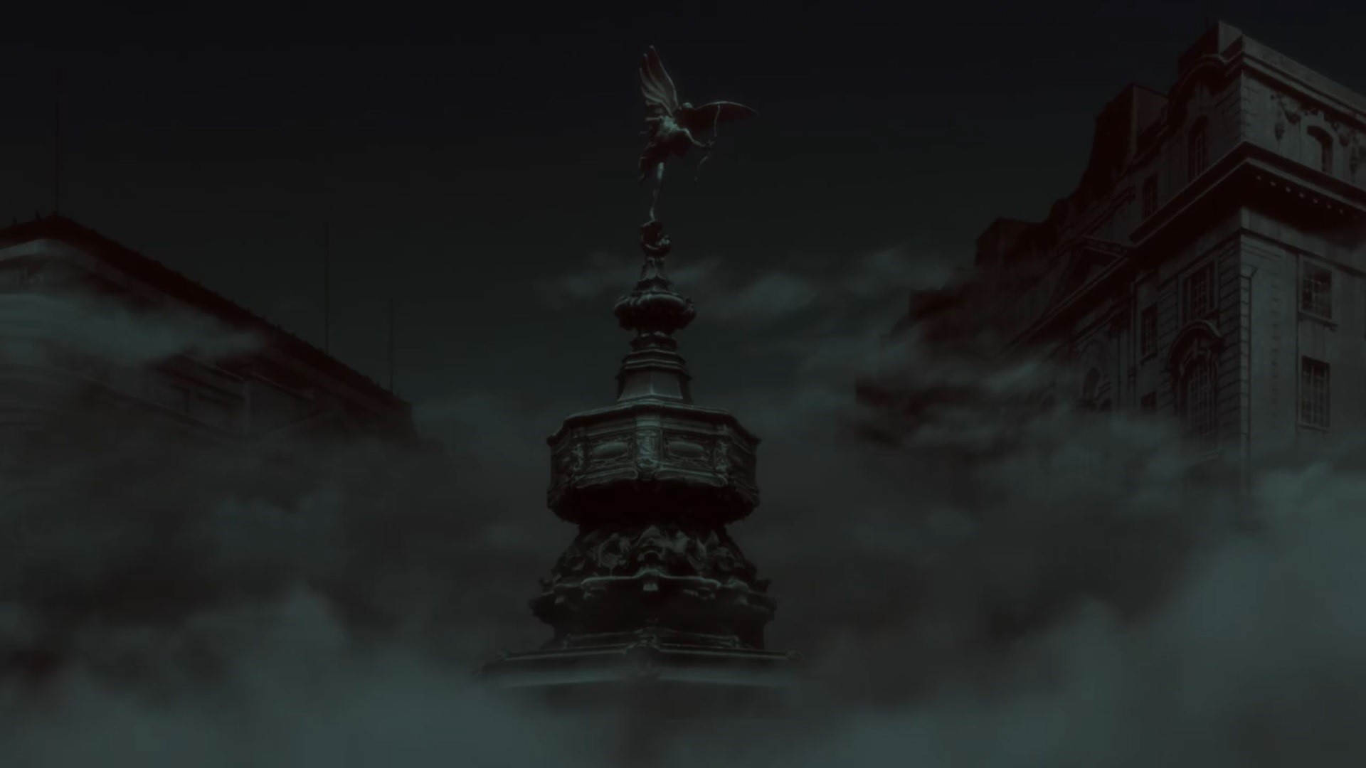 Statue in fog with buildings HD Wallpaper