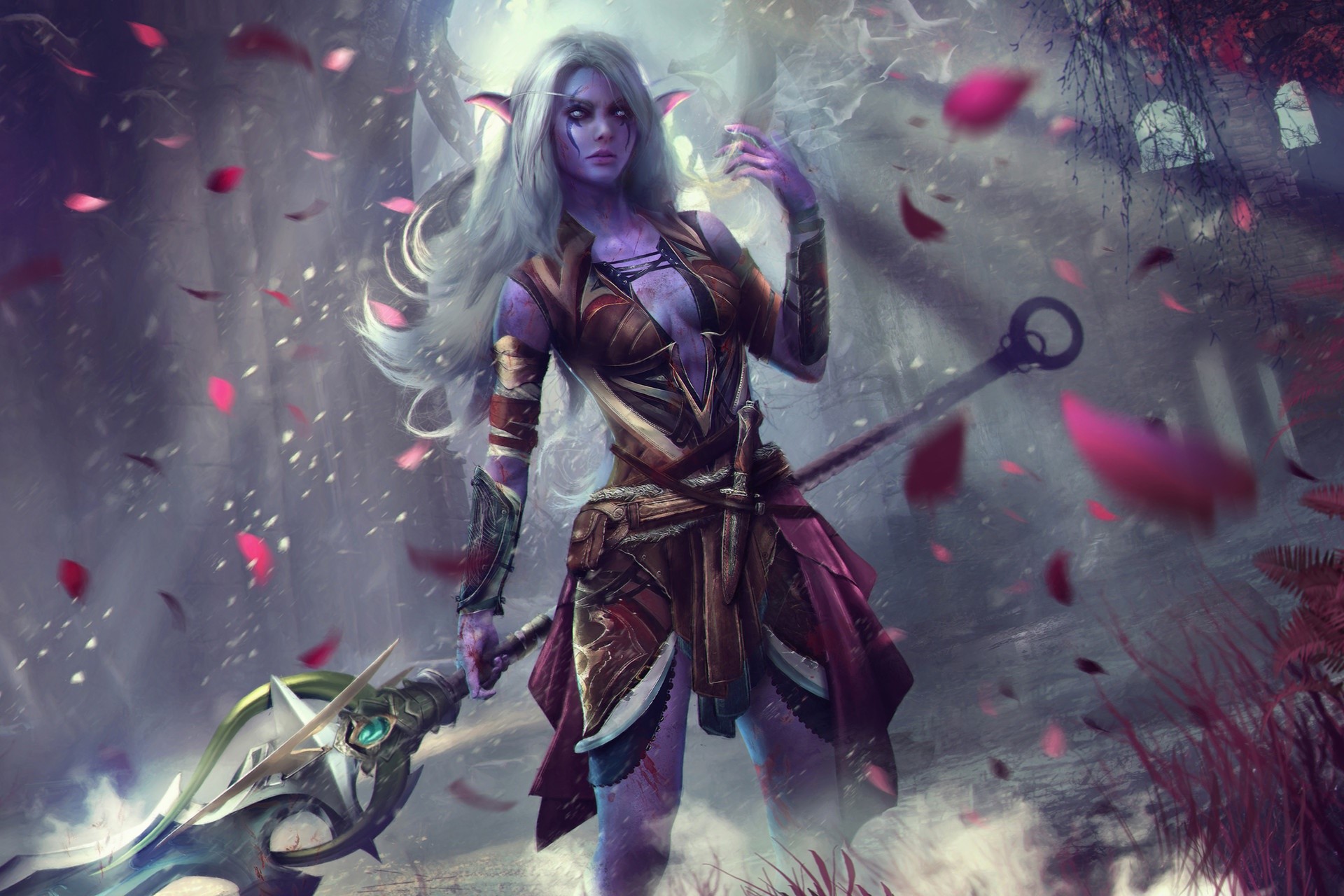 Elf warrior with staff from World of Warcraft HD Wallpaper