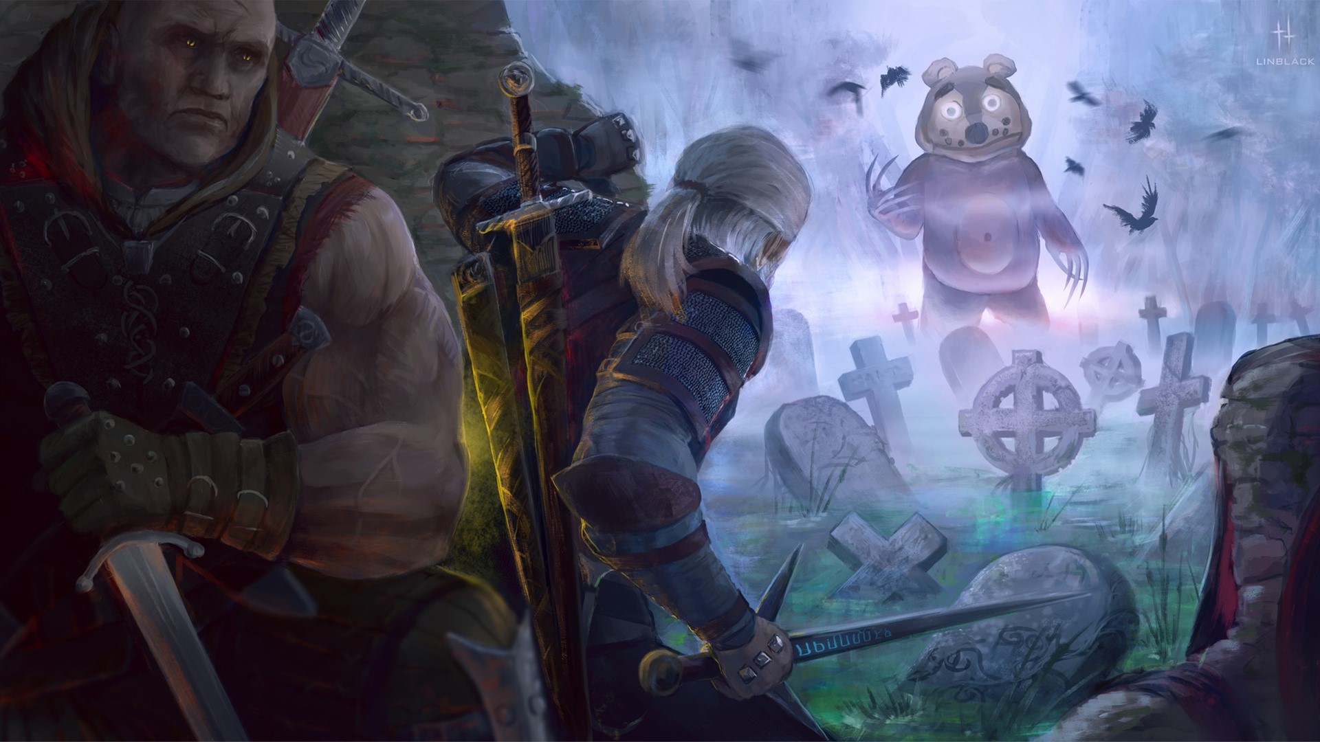 Geralt and Vesemir from The Witcher in a graveyard facing a bear monster HD Wallpaper