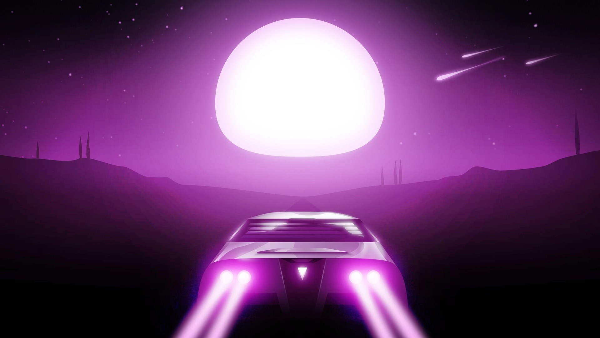 Synthwave car driving towards a large moon HD Wallpaper