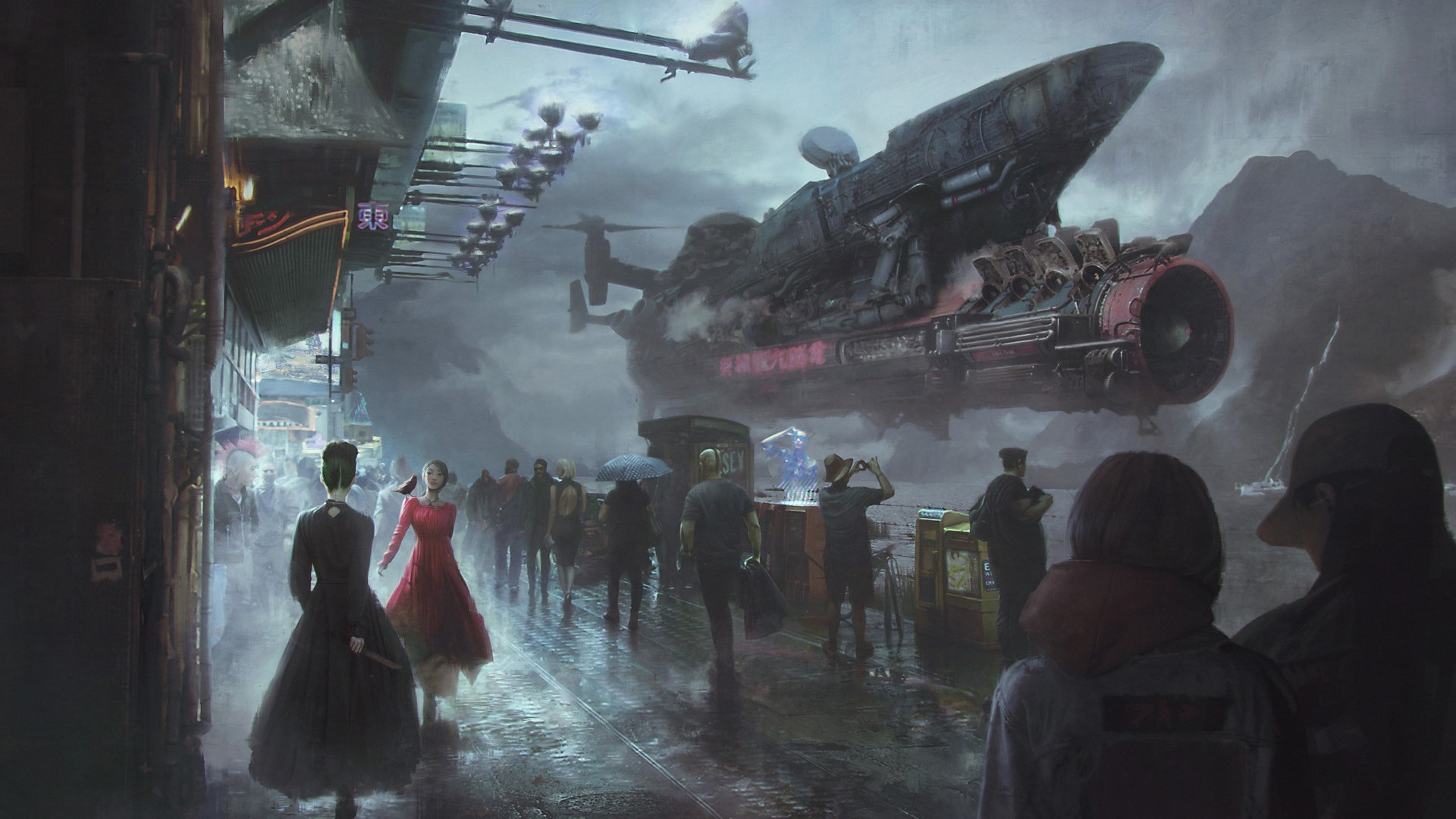 Cyberpunk city street with a spaceship overhead HD Wallpaper