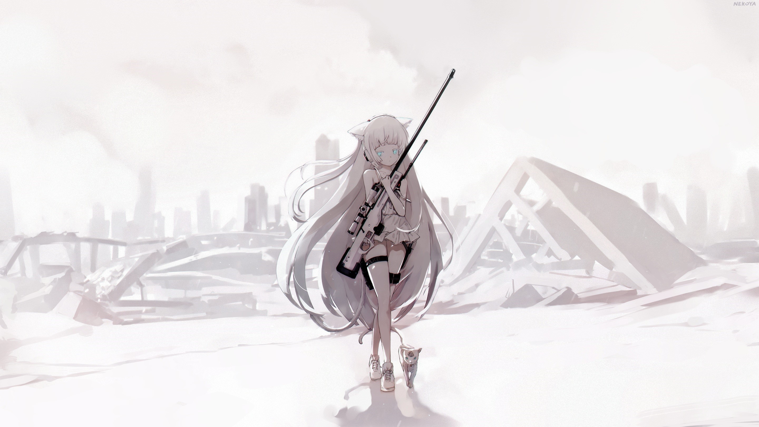 Anime girl with sniper rifle and cat in ruins HD Wallpaper