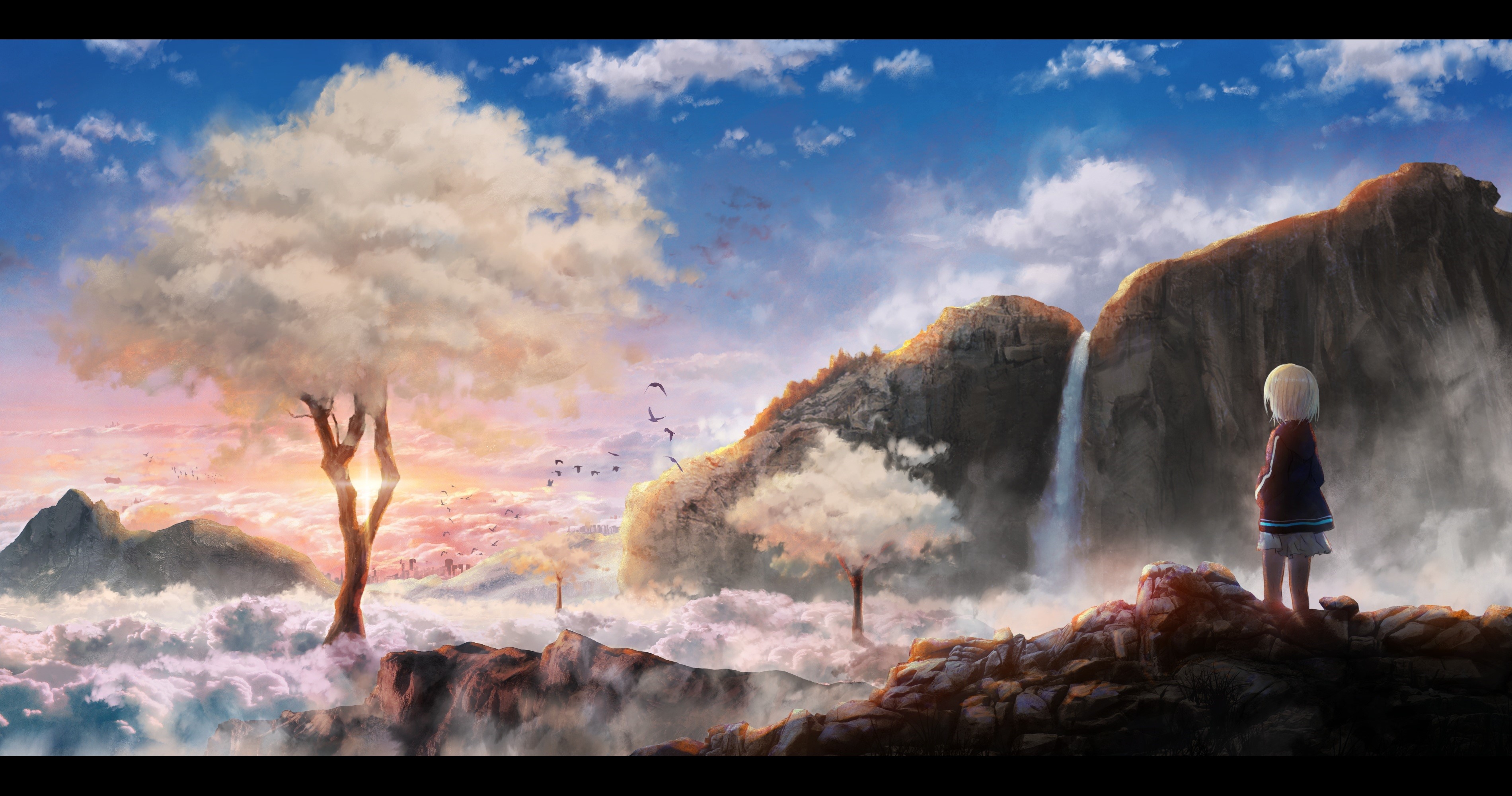 Anime girl looking at a waterfall and clouds HD Wallpaper