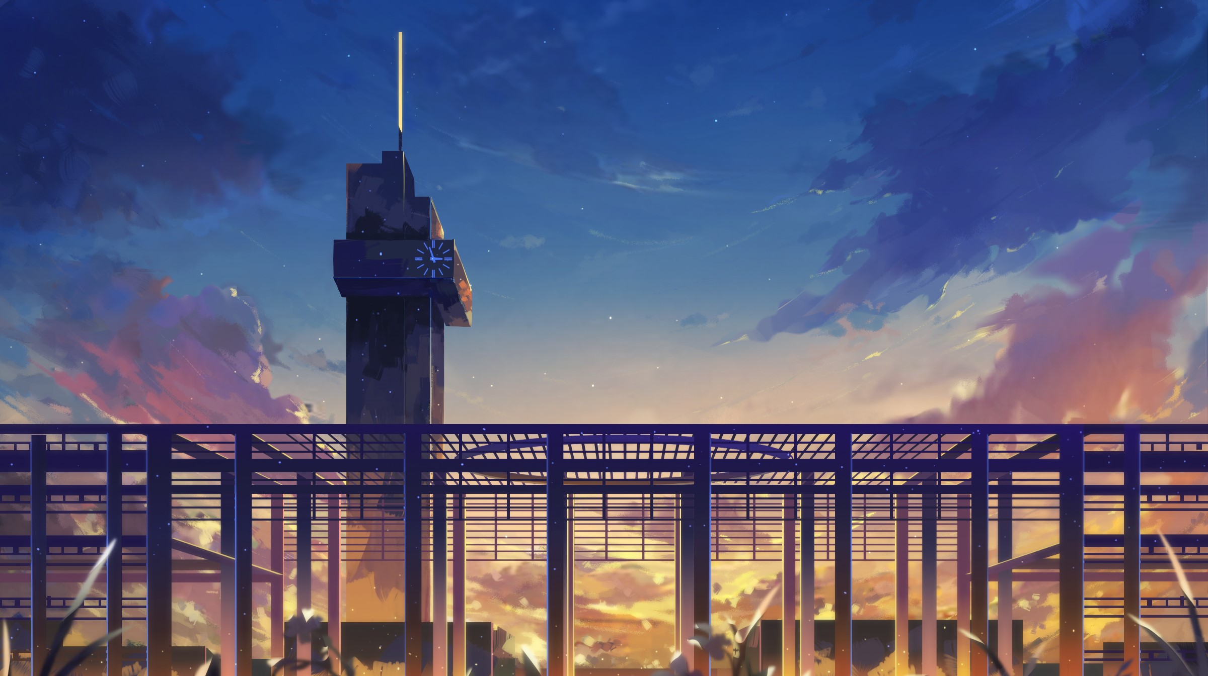 Anime clock tower and stadium at sunset HD Wallpaper