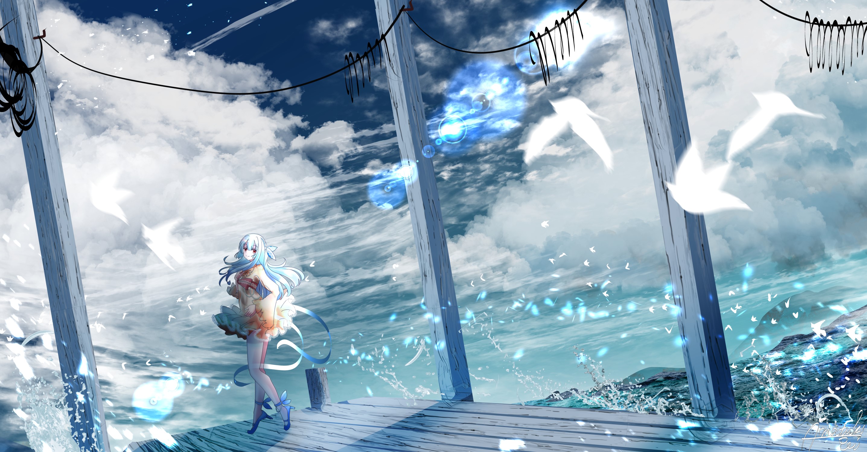 Anime girl with cyan hair on a pier with birds HD Wallpaper