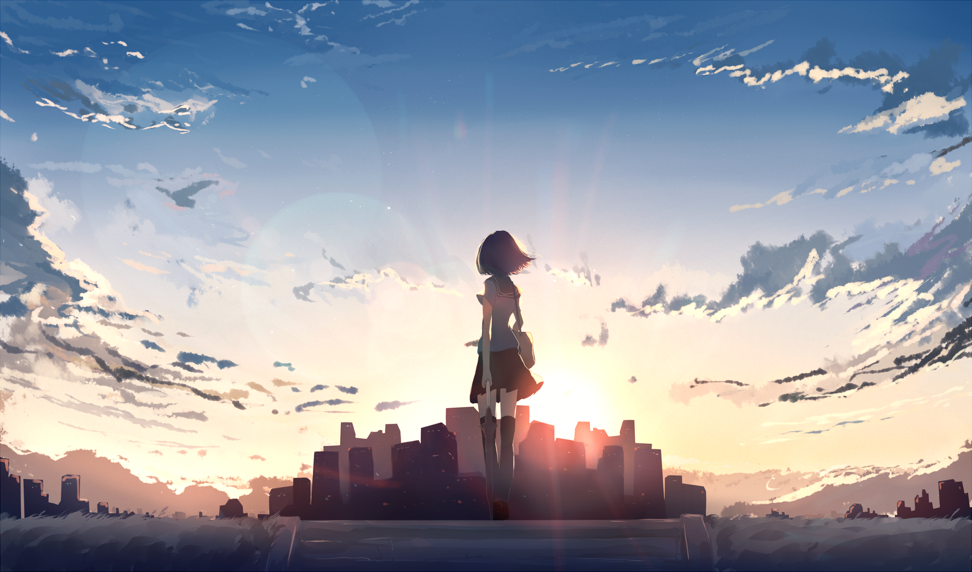 Anime girl in school uniform at sunset overlooking city HD Wallpaper