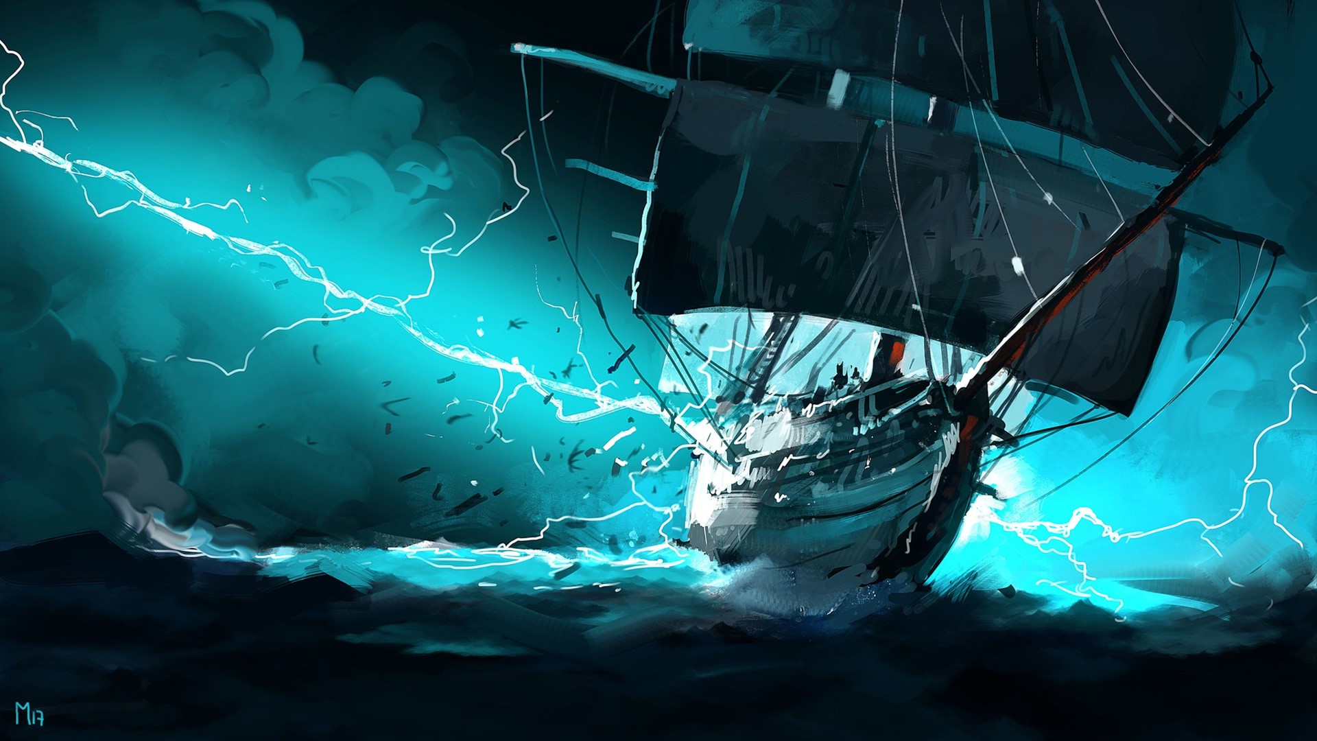 Ship in a lightning storm over the sea HD Wallpaper