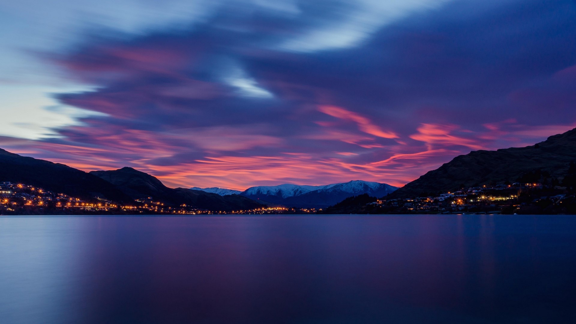 Lake and mountains at dawn with purple sky HD Wallpaper